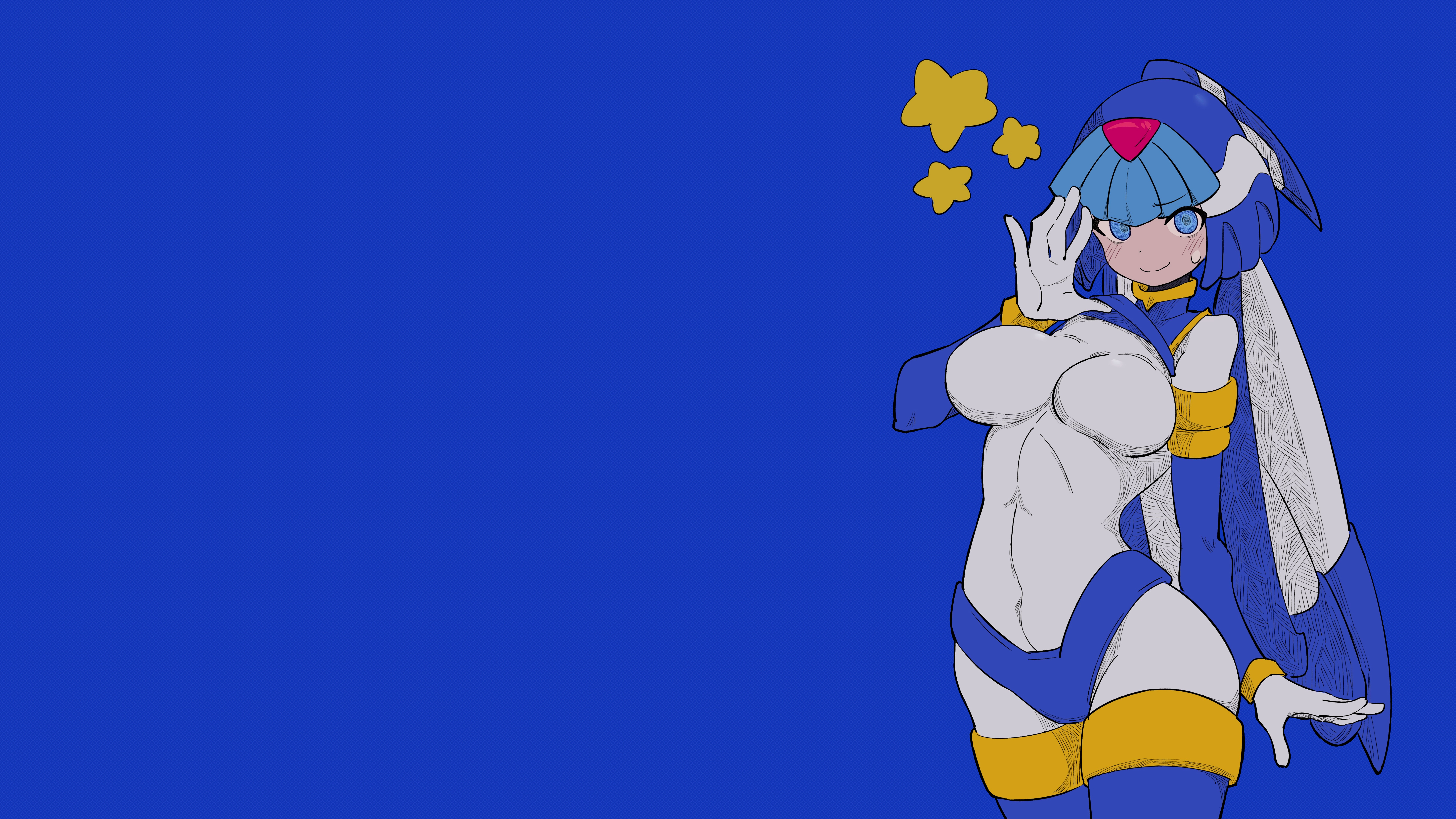 Anime 7680x4320 Mega Man Megaman Zero Leviathan (Megaman Zero) Capcom blue background simple background Fins stars video game girls white bodysuit boobs big boobs thigh-highs panties looking at viewer white gloves gloves arm warmers elbow gloves Elbow Pads blue eyes video games closed mouth smiling jewel robot BuzzLYears sweatdrop