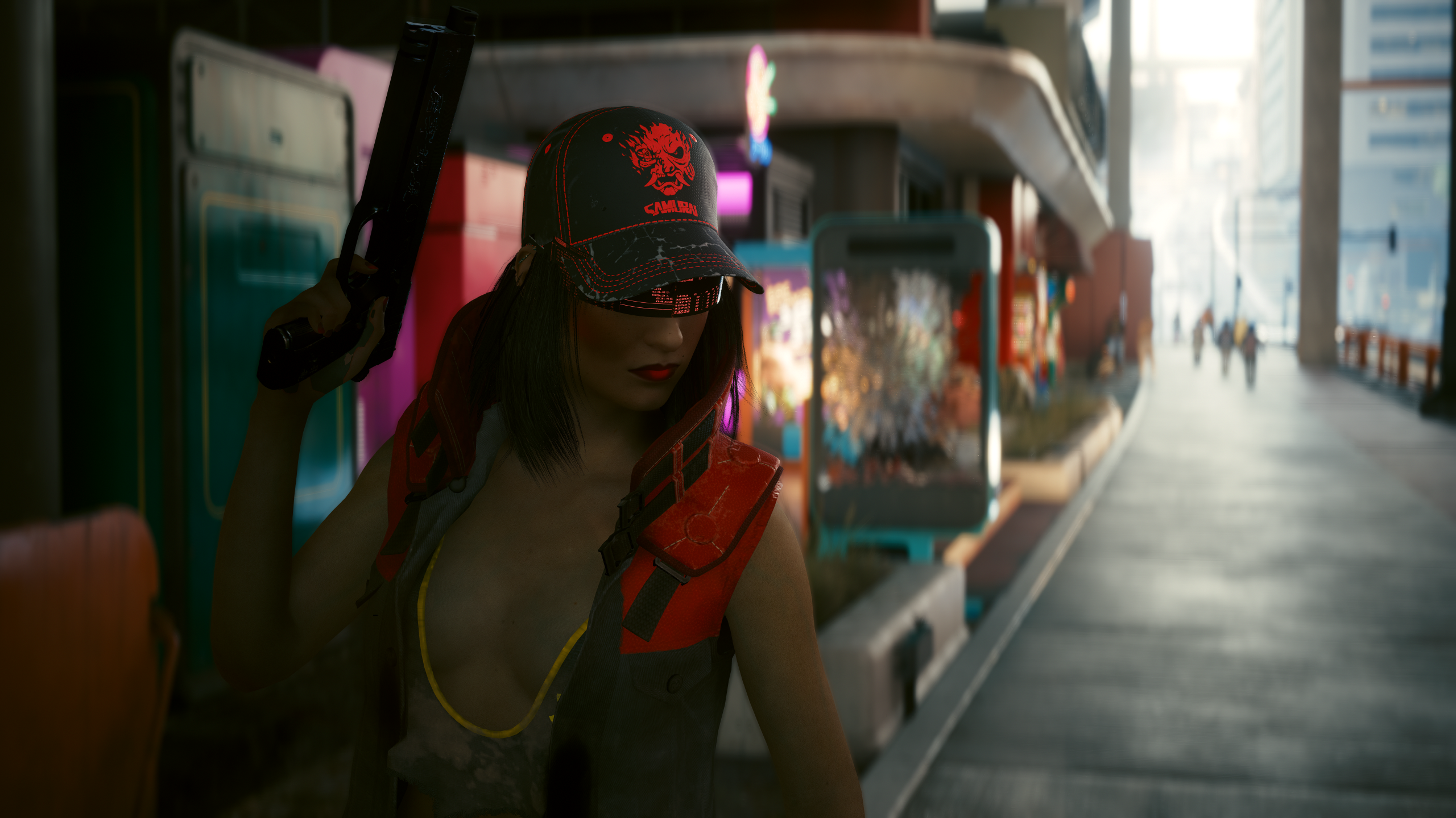 General 2560x1440 Cyberpunk 2077 portrait depth of field cleavage video game girls jacket standing girls with guns video games eyes hidden video game characters CGI lipstick red lipstick closed mouth building bare shoulders gun hat women with hats