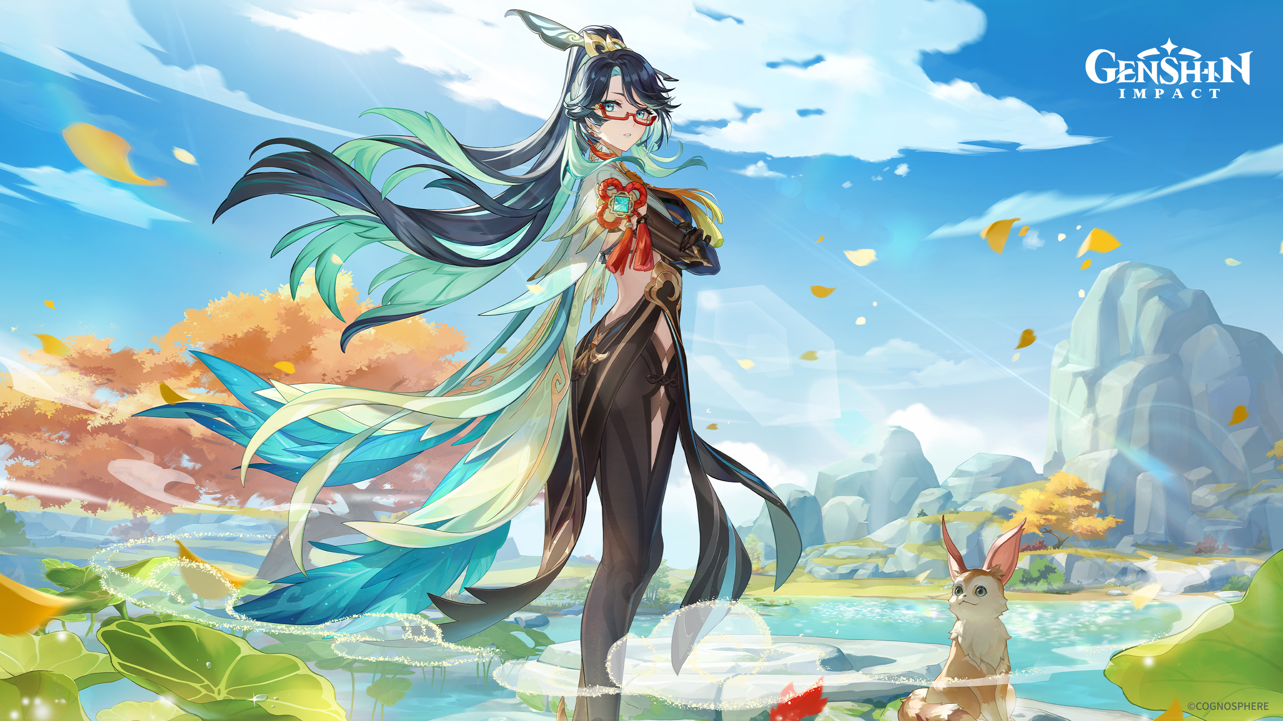Anime 2560x1440 Xianyun (Genshin Impact) Genshin Impact anime girls glasses long hair two tone hair clouds women with glasses tassels looking at viewer standing watermarked water wind leaves sky arms crossed animals sunlight tassel earrings parted lips anime blue eyes ponytail title video game girls