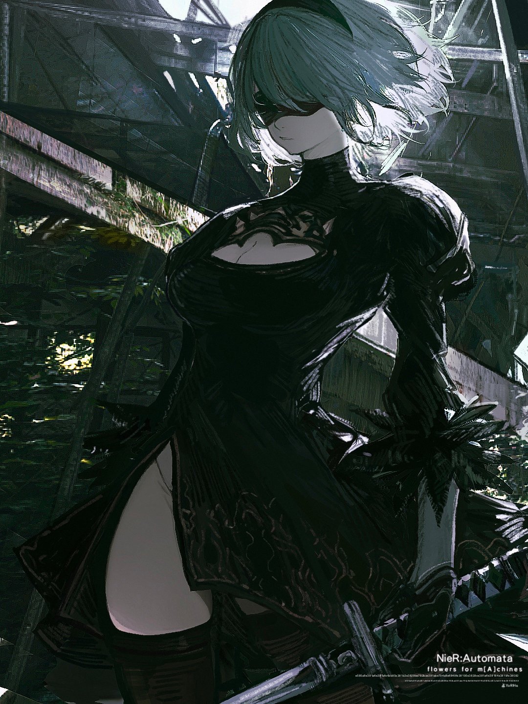 Anime 1080x1440 John Kafka anime anime girls Nier: Automata 2B (Nier: Automata) thighs sword women with swords portrait display short hair blindfold closed mouth feather-trimmed sleeves video game characters video game girls headband cleavage cleavage cutout