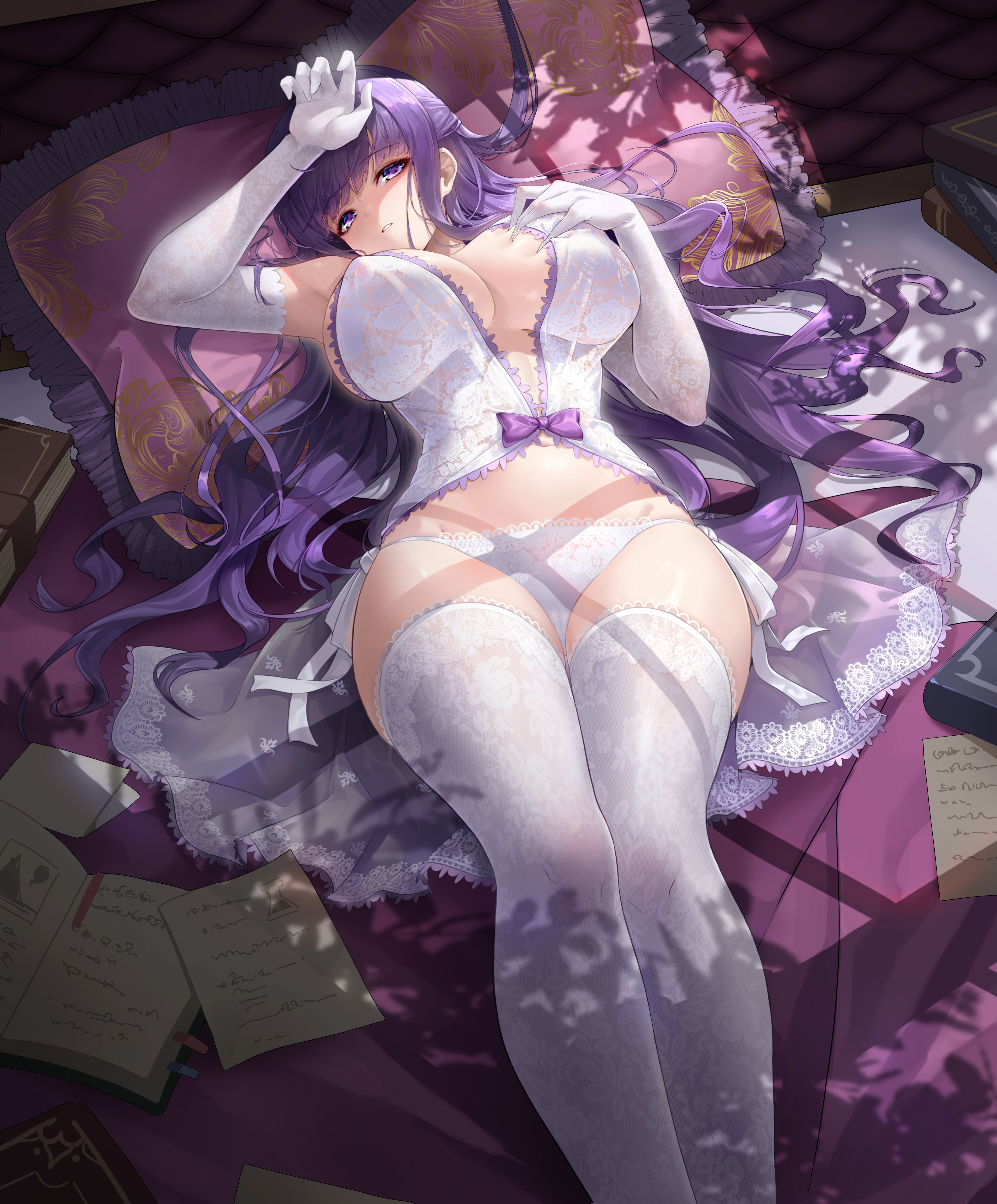 Anime 5110x6171 Sousou No Frieren lingerie portrait display lying down lying on back long hair Fern (Sousou No Frieren) looking at viewer gloves babydolls women indoors stockings white stockings white panties underwear white underwear panties elbow gloves huge breasts purple eyes thigh-highs purple hair parted lips Kiaji white thigh highs cleavage purple bow notes thighs together pillow dappled sunlight books armpits anime anime girls