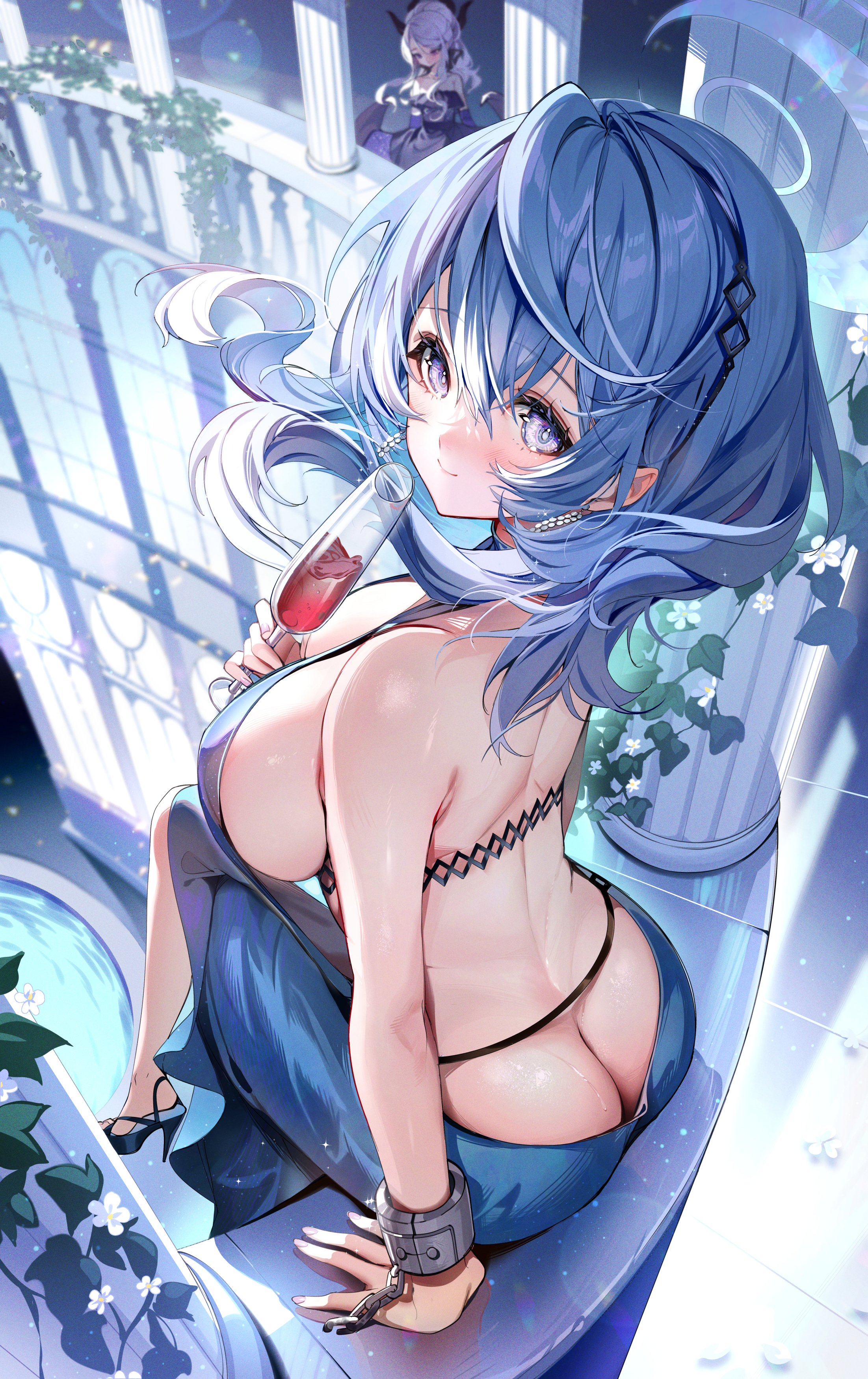 Anime 2203x3500 Blue Archive high angle portrait display nopan Amau Ako (Blue Archive) Sorasaki Hina (Blue Archive) looking back butt crack looking at viewer long hair backless dress handcuffs huge breasts high heels blue eyes closed mouth blue hair purple eyes bare shoulders no bra two women sleeveless legs crossed sideboob wine glass blue heels sitting ass wine flowers vines dress AkiZero hair between eyes smiling heels back anime girls bright anime