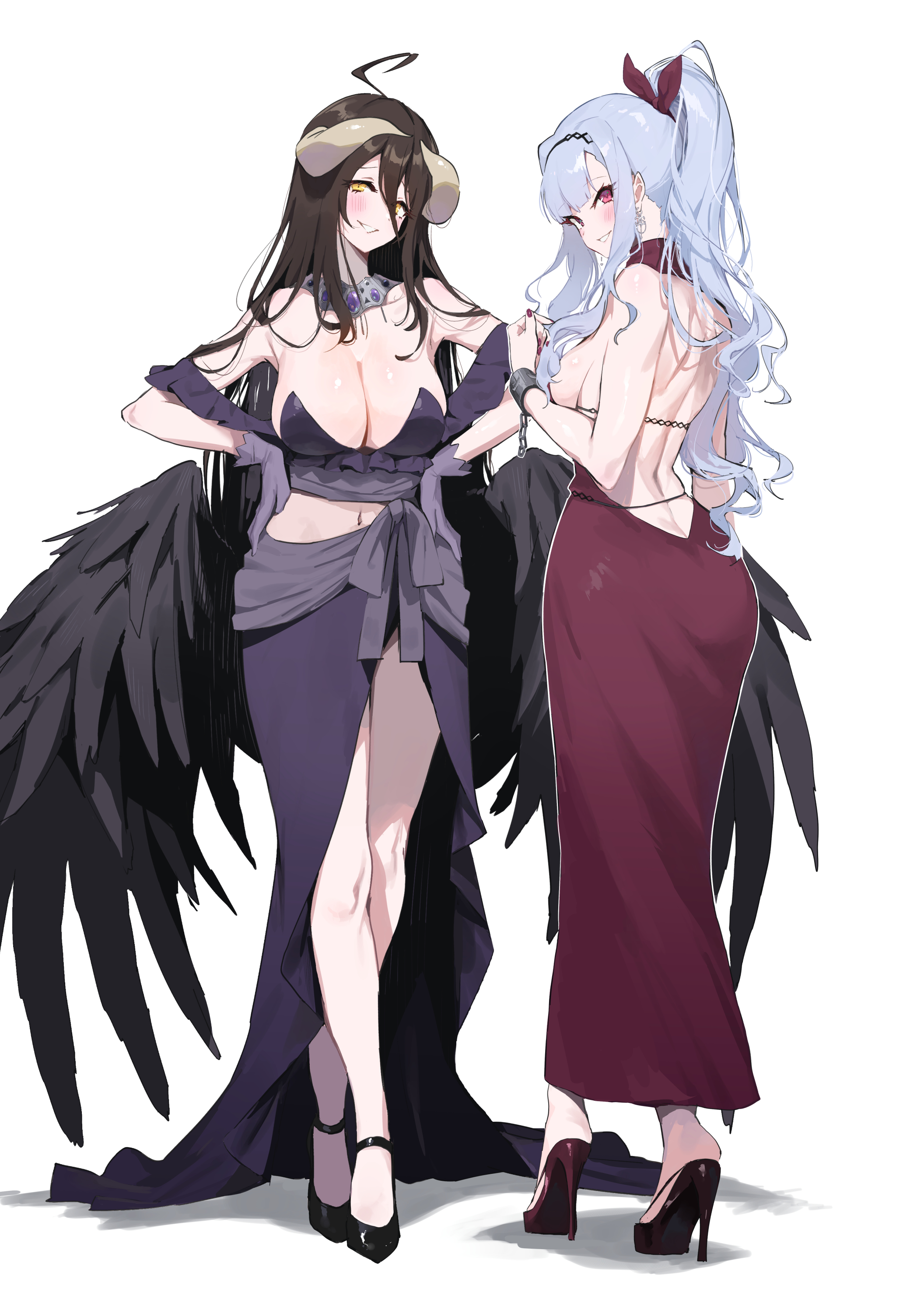 Anime 2112x3000 Overlord (anime) standing THE iDOLM@STER horns Albedo (OverLord) ahoge Shijou Takane black wings looking at viewer ponytail looking back big boobs white background dress simple background cuffs bare shoulders crossover cleavage hands on hips purple dress gloves purple gloves heels hair ribbon long hair smiling yellow eyes gray hair red eyes Midnamana back sideboob wings hair between eyes anime anime girls
