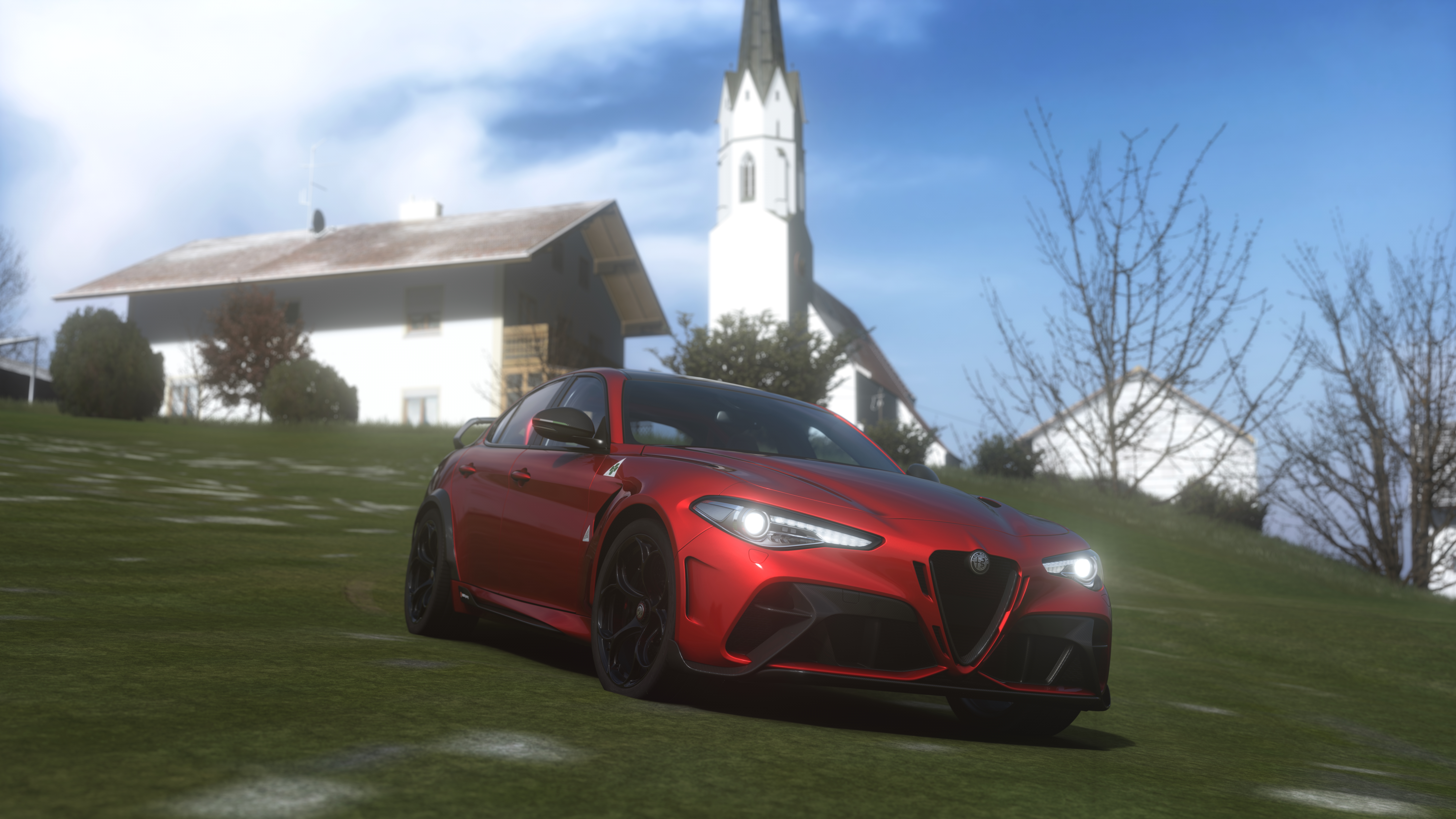 General 7680x4320 Alfa Romeo car Assetto Corsa PC gaming video game art vehicle video games frontal view red cars headlights sky clouds CGI building