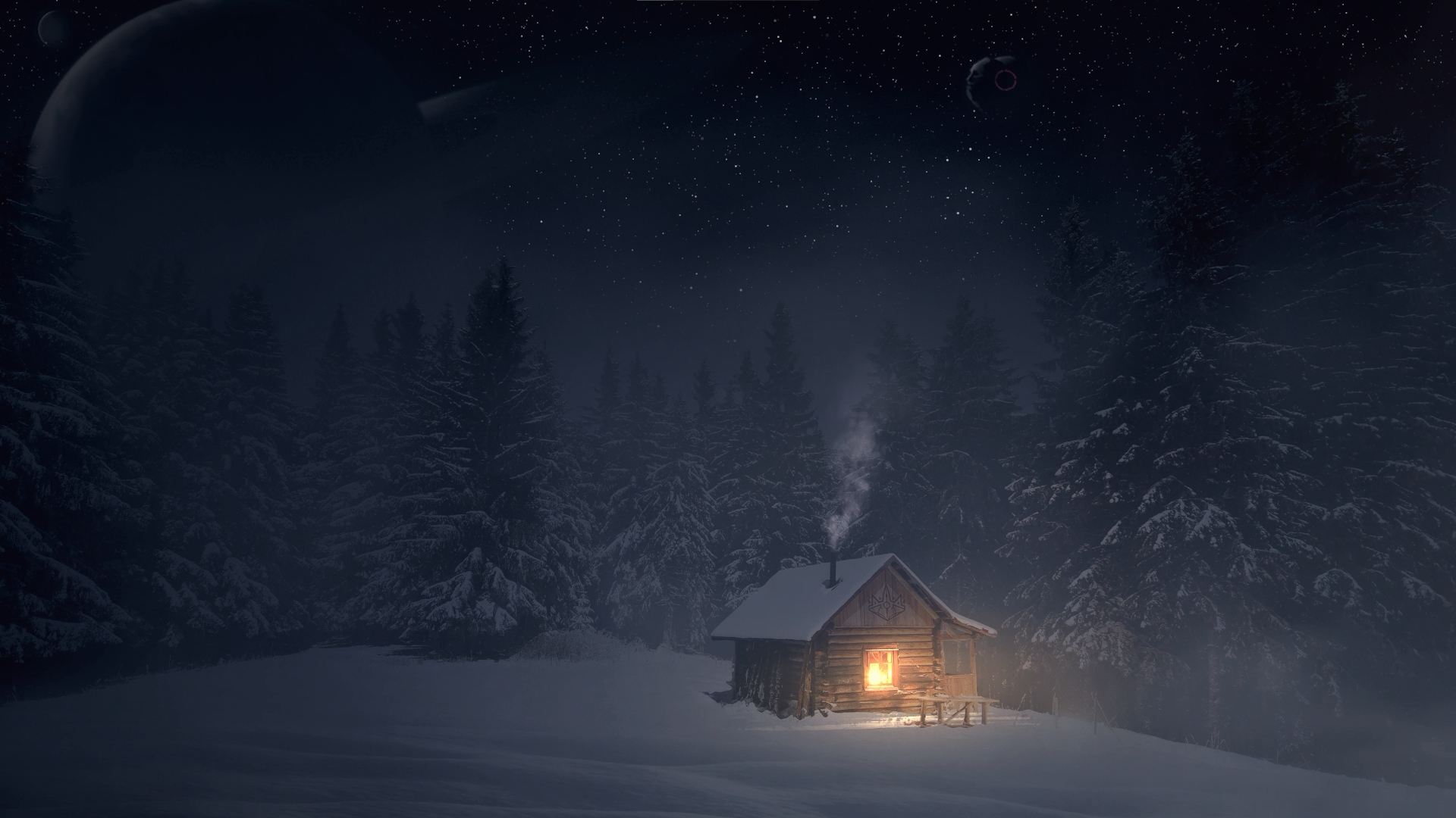 General 1920x1080 cabin snow isolated forest digital art low light trees stars snow covered smoke night sky nature