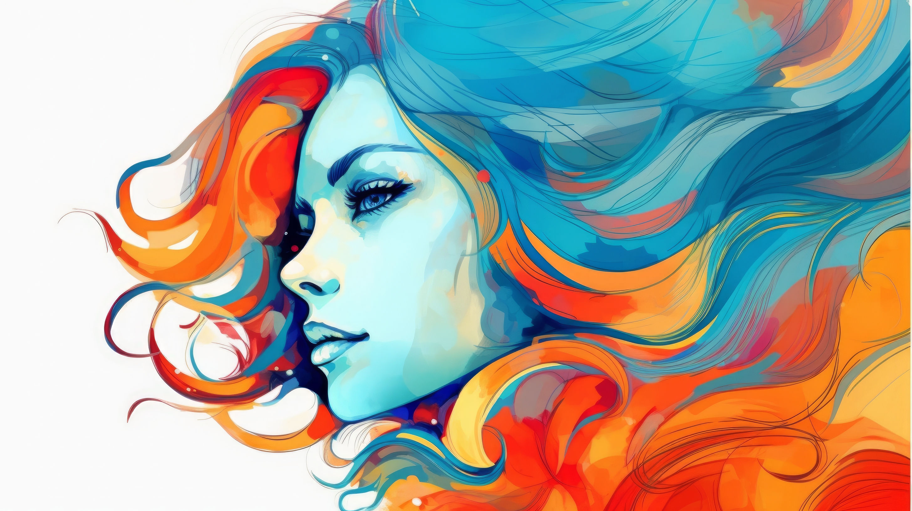 General 2912x1632 AI art illustration women colorful watercolor looking away face simple background multi-colored hair