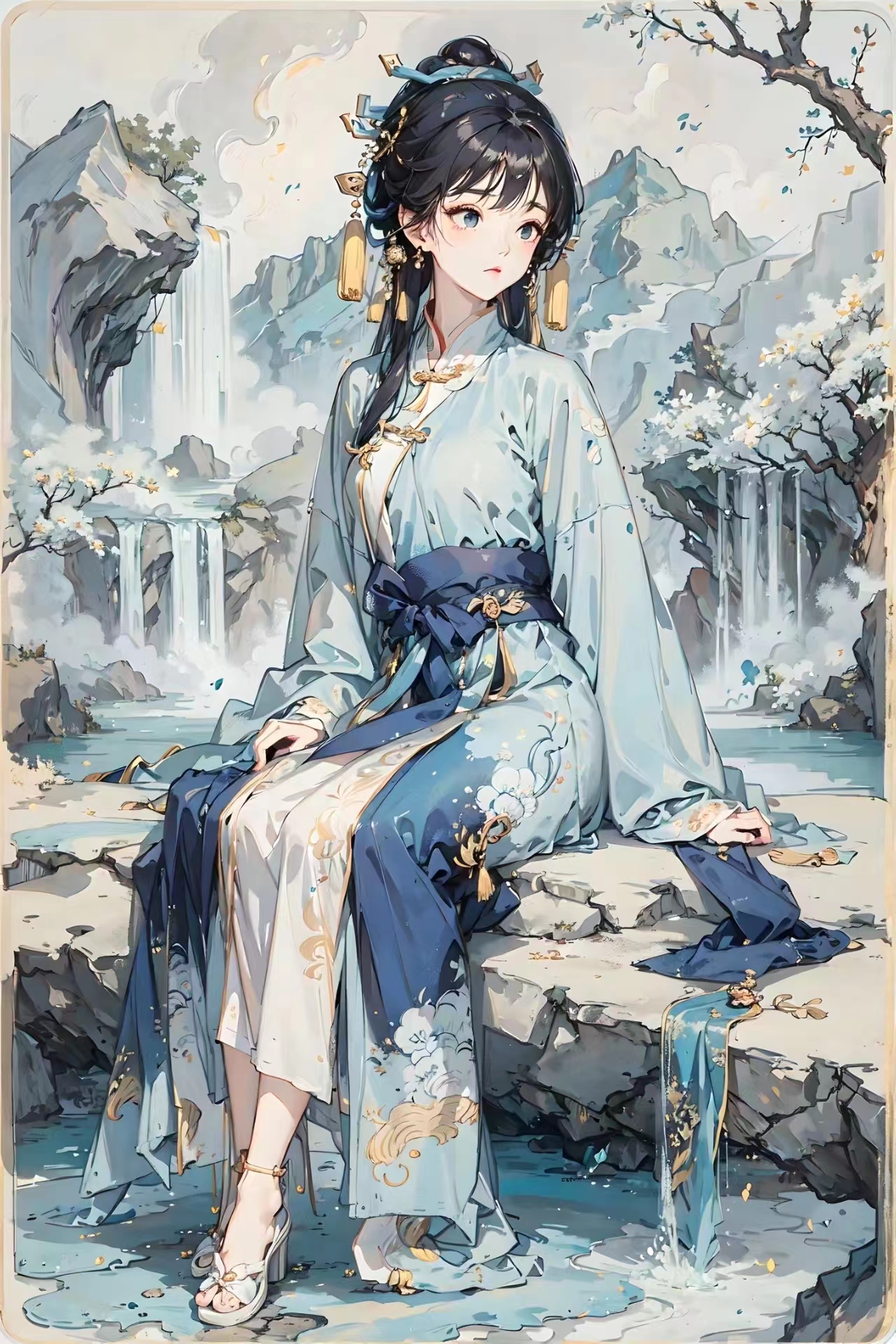 Anime 1280x1920 illustration anime girls AI art portrait display kimono looking away waterfall water