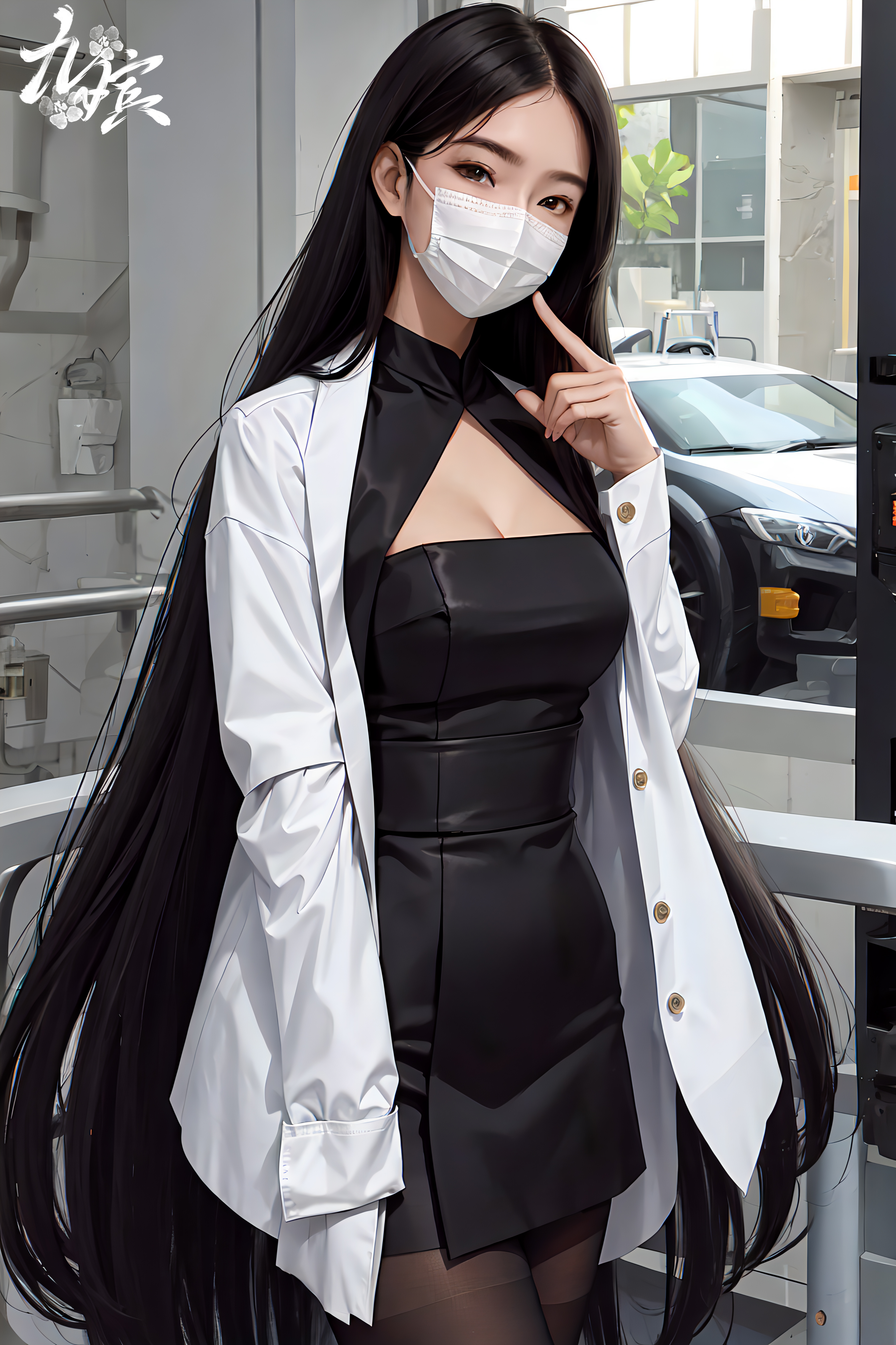 Anime 3584x5376 AI art uniform portrait display Asian women mask looking at viewer pantyhose car long hair