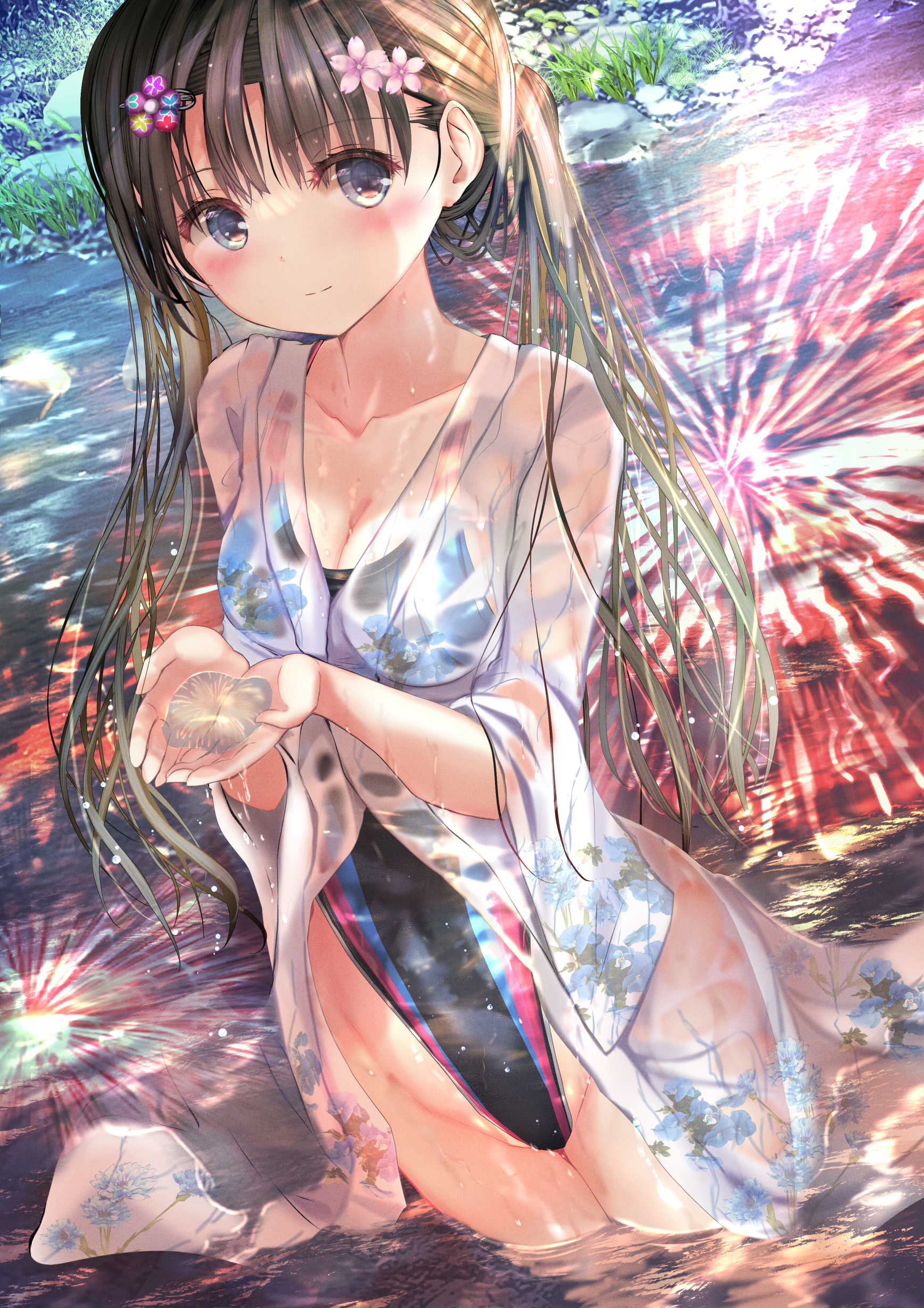 Anime 1736x2456 Ogata Tei portrait display anime girls swimwear reflection high angle fireworks twintails wet looking at viewer wet clothing wet body wet swimsuit blushing water one-piece swimsuit long hair black hair blue eyes cleavage boobs water drops dripping hair ornament flower in hair grass brunette black swimsuit floral hips legs yukata standing in water