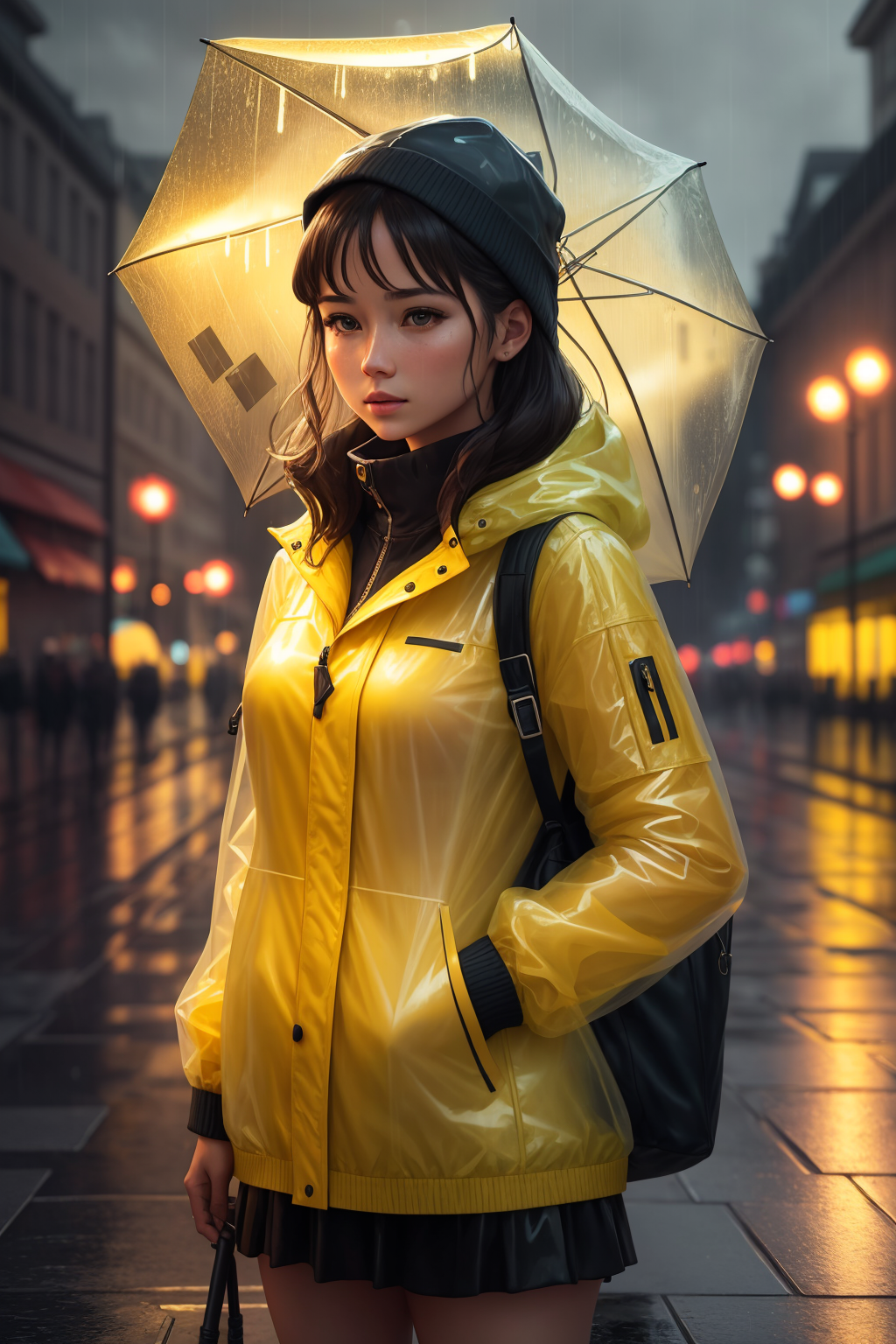 General 1024x1536 yellow AI art water umbrella women outdoors portrait display hat hands in pockets raincoat women Asian street yellow raincoat skirt depth of field city lights backpacks