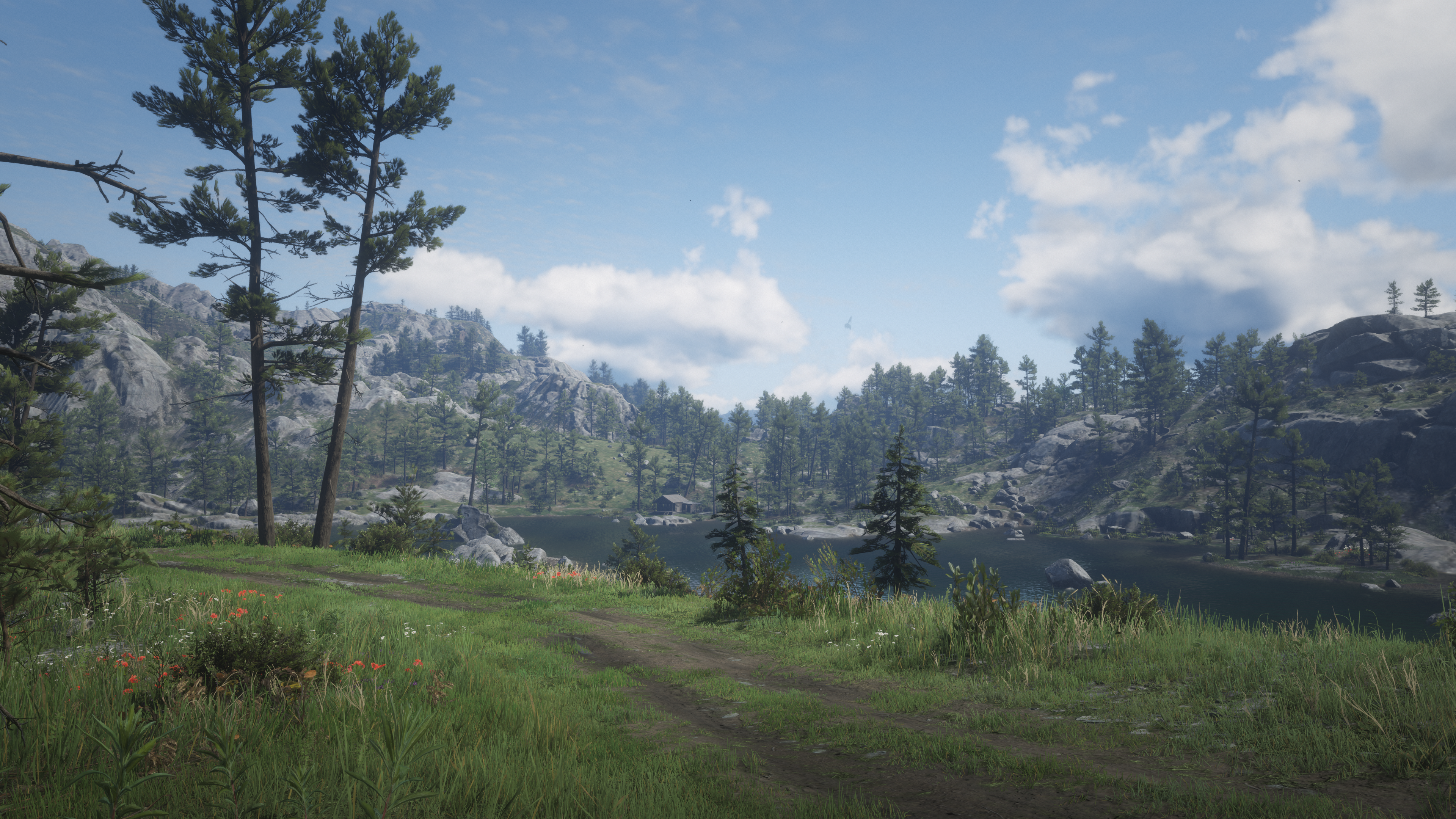 General 3840x2160 nature mountain view clouds sky trees water mountains CGI landscape Red Dead Redemption 2 path video games