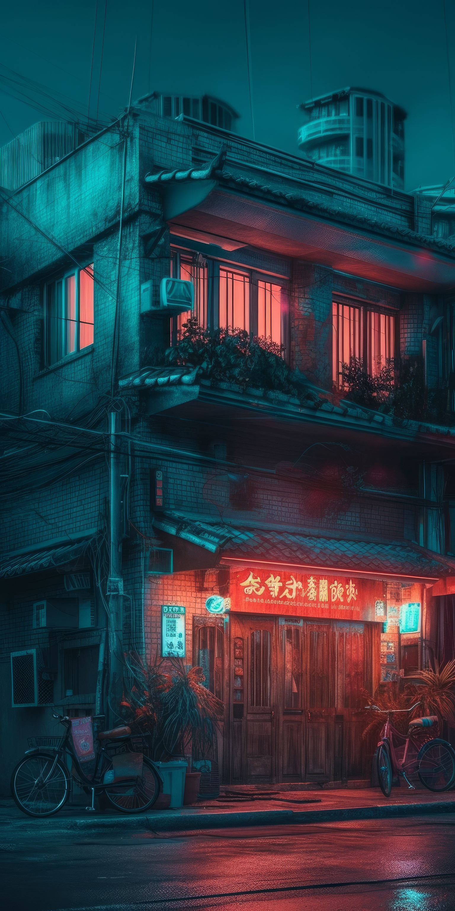 General 1536x3072 AI art portrait display illustration cyberpunk neon Japanese house Blue hour building lights bicycle night