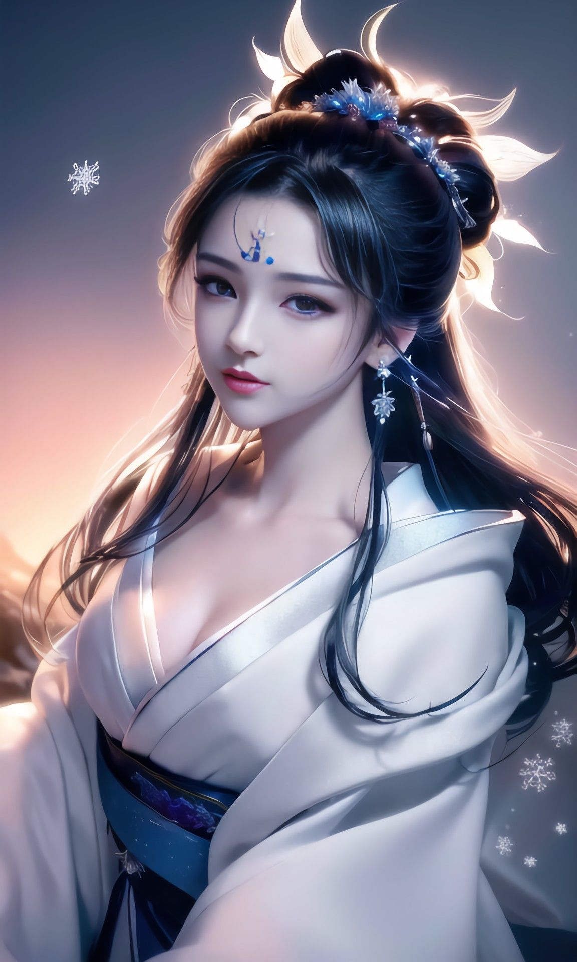 General 1152x1920 AI art women Asian portrait display long hair looking at viewer earring snowflakes simple background