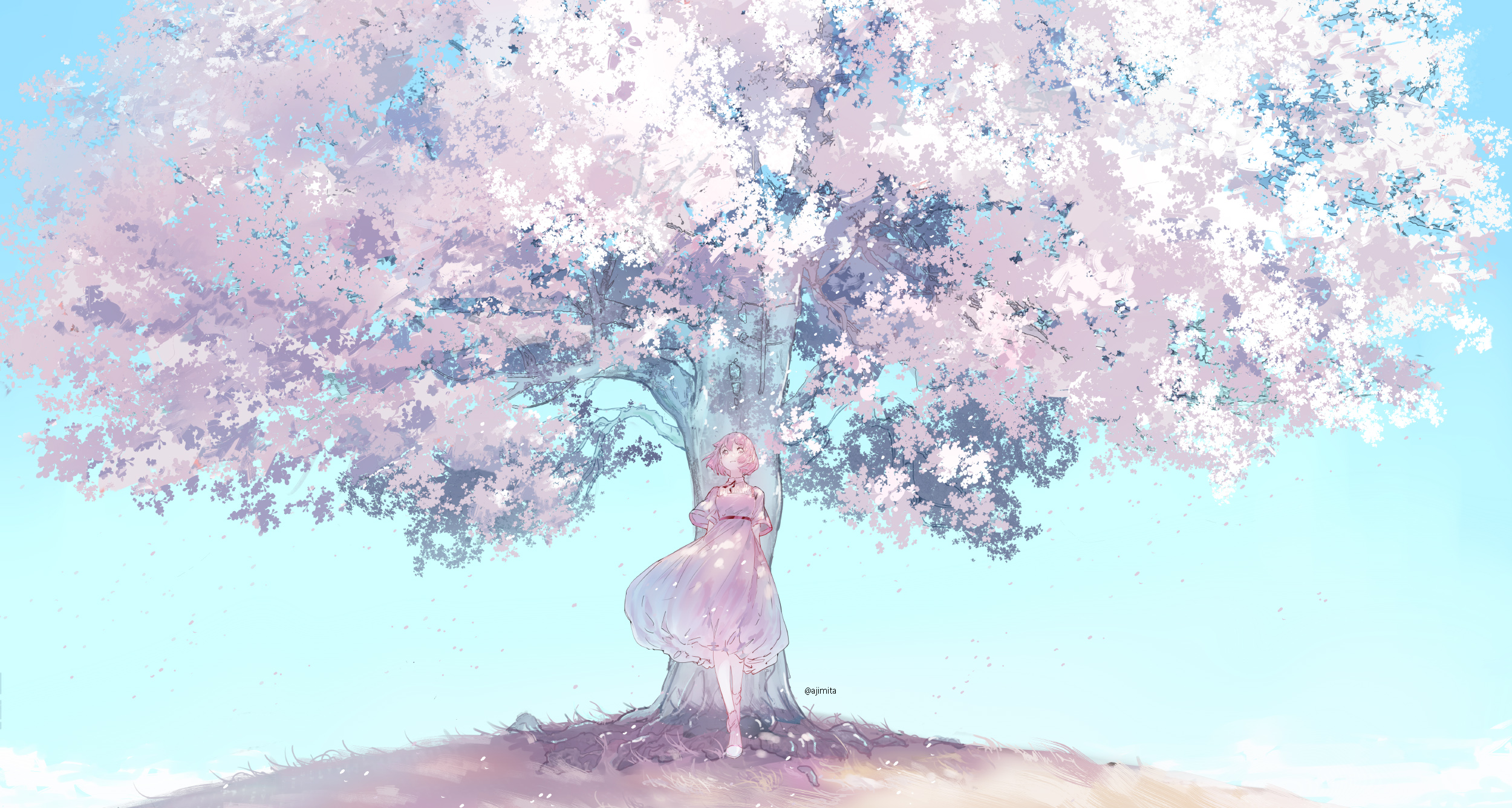 Anime 2500x1336 anime anime girls trees petals standing smiling dress looking up pink dress Ajimita