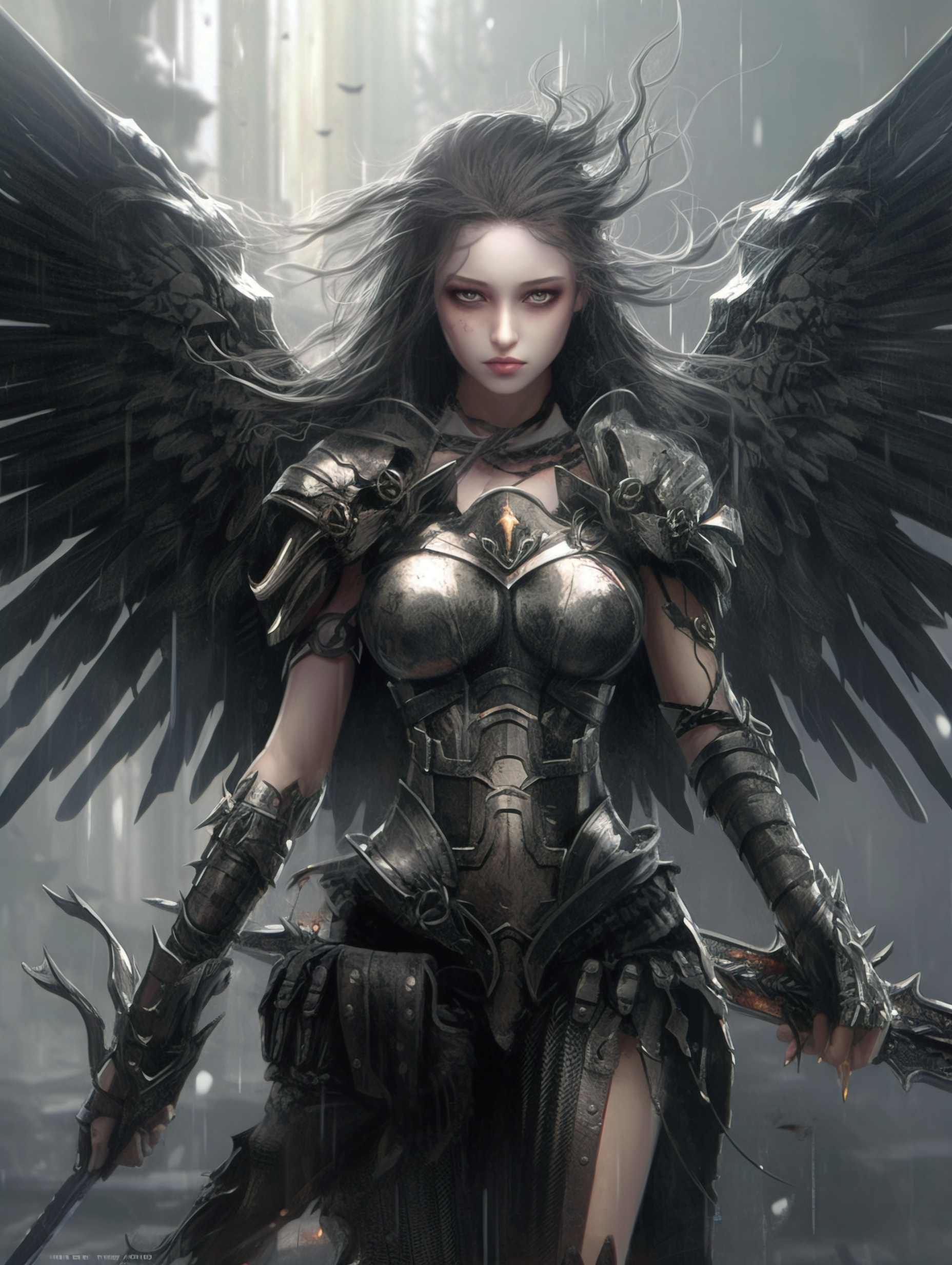 looking at viewer, women, wings, fantasy armor, black hair, AI art ...