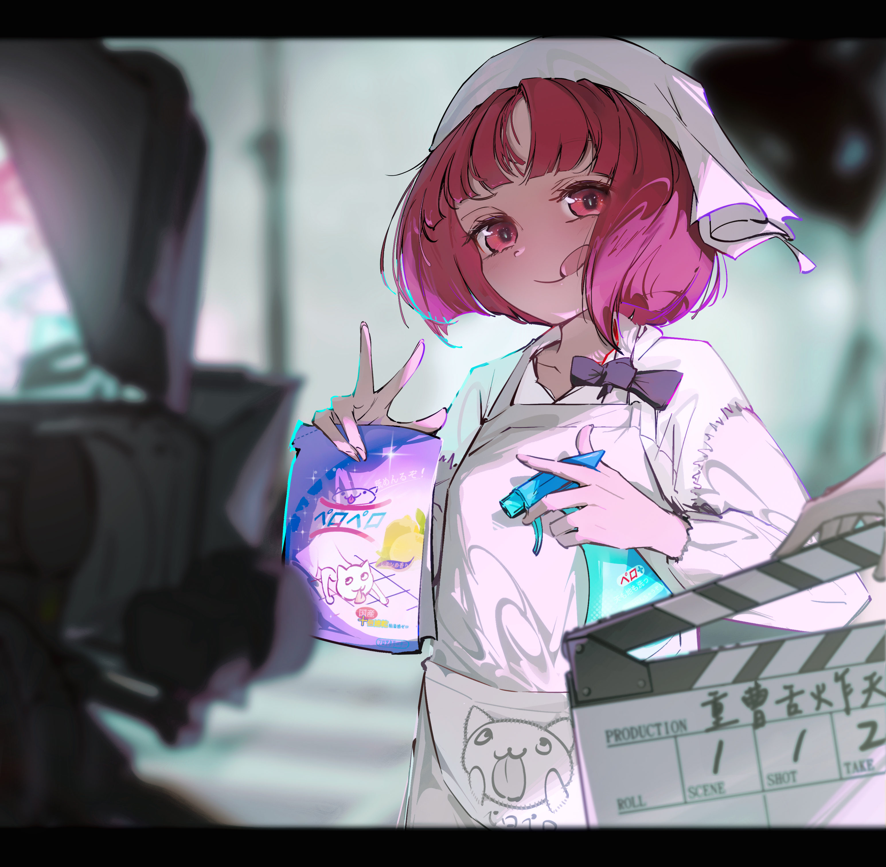 Anime 3090x3023 anime anime girls Oshi no Ko kana arima tongue out spray bottle camera short hair clapperboards tongues looking at viewer apron closed mouth smiling collarbone standing E04_error