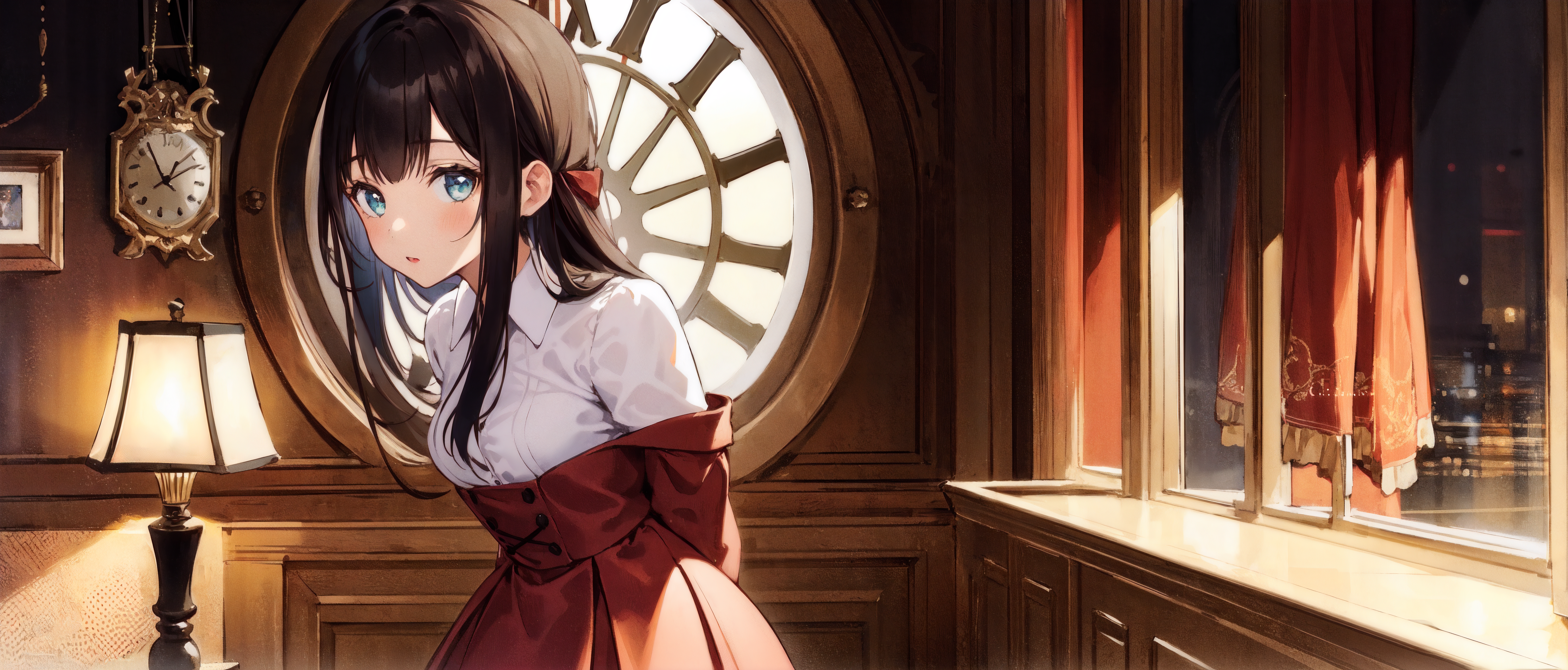 Anime 5280x2256 AI art anime girls blue eyes brunette clocks window frames lamp looking at viewer window blushing