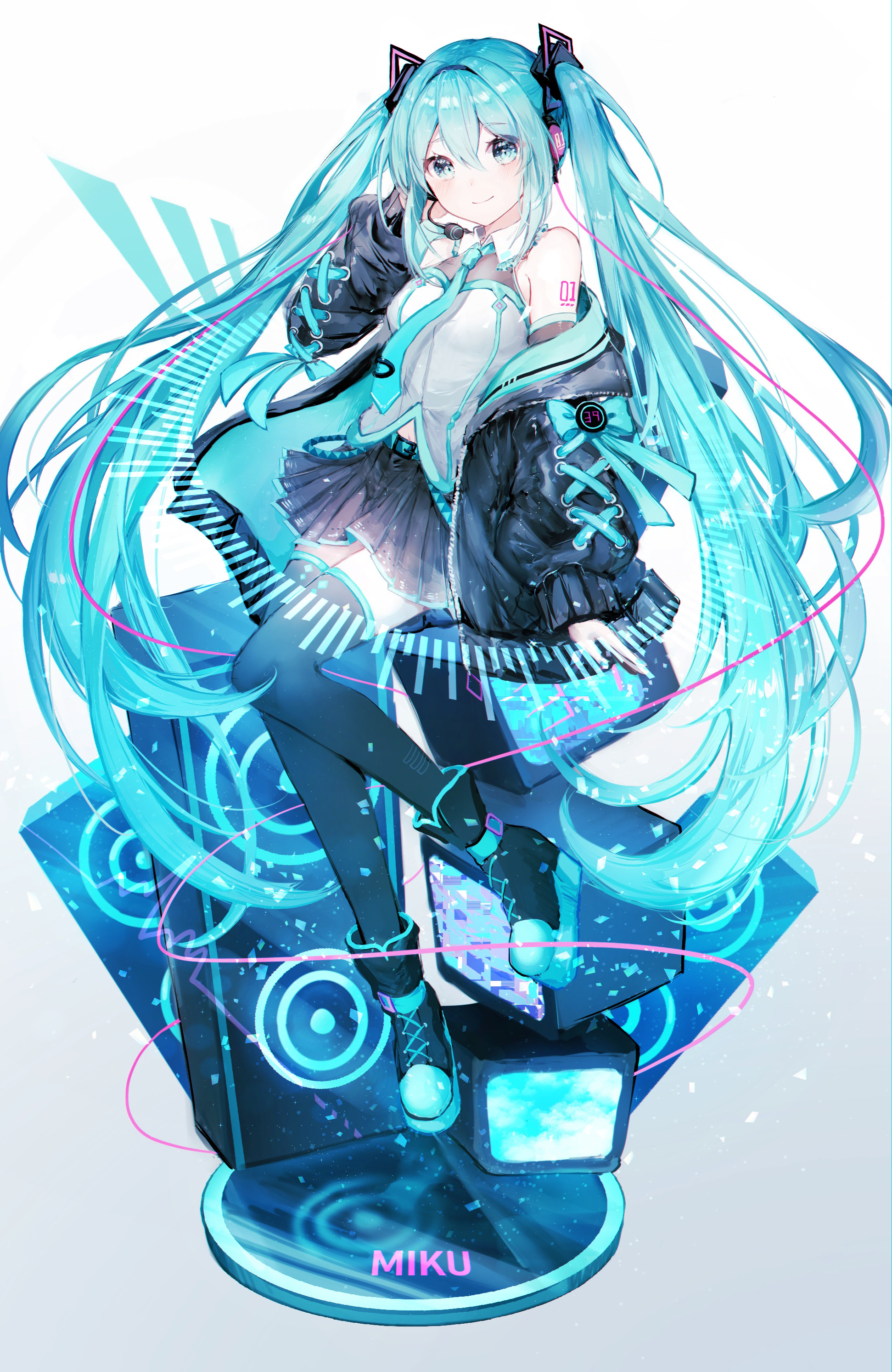 Anime 1943x2985 Noyu portrait display anime girls Vocaloid Hatsune Miku long hair twintails blue hair blue eyes open jacket sitting looking at viewer white background jacket simple background boots smiling thigh-highs speakers