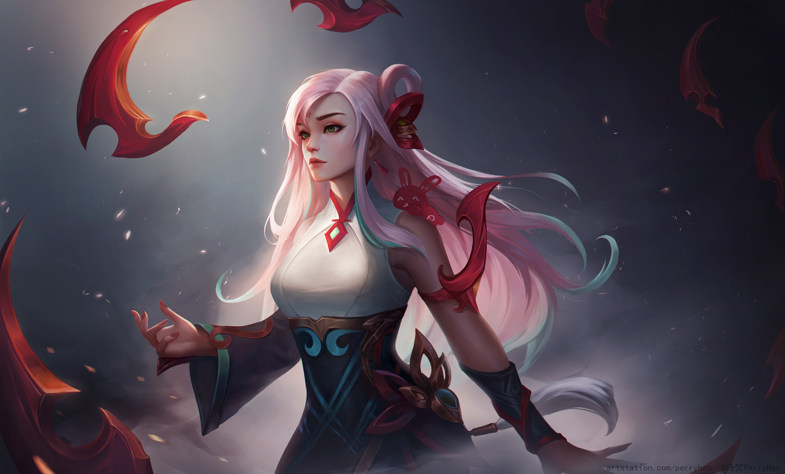 General 2560x1547 PerryHan Zhang drawing Irelia (League of Legends) pink hair video game art red moles long hair video game characters video games gradient hair two tone hair