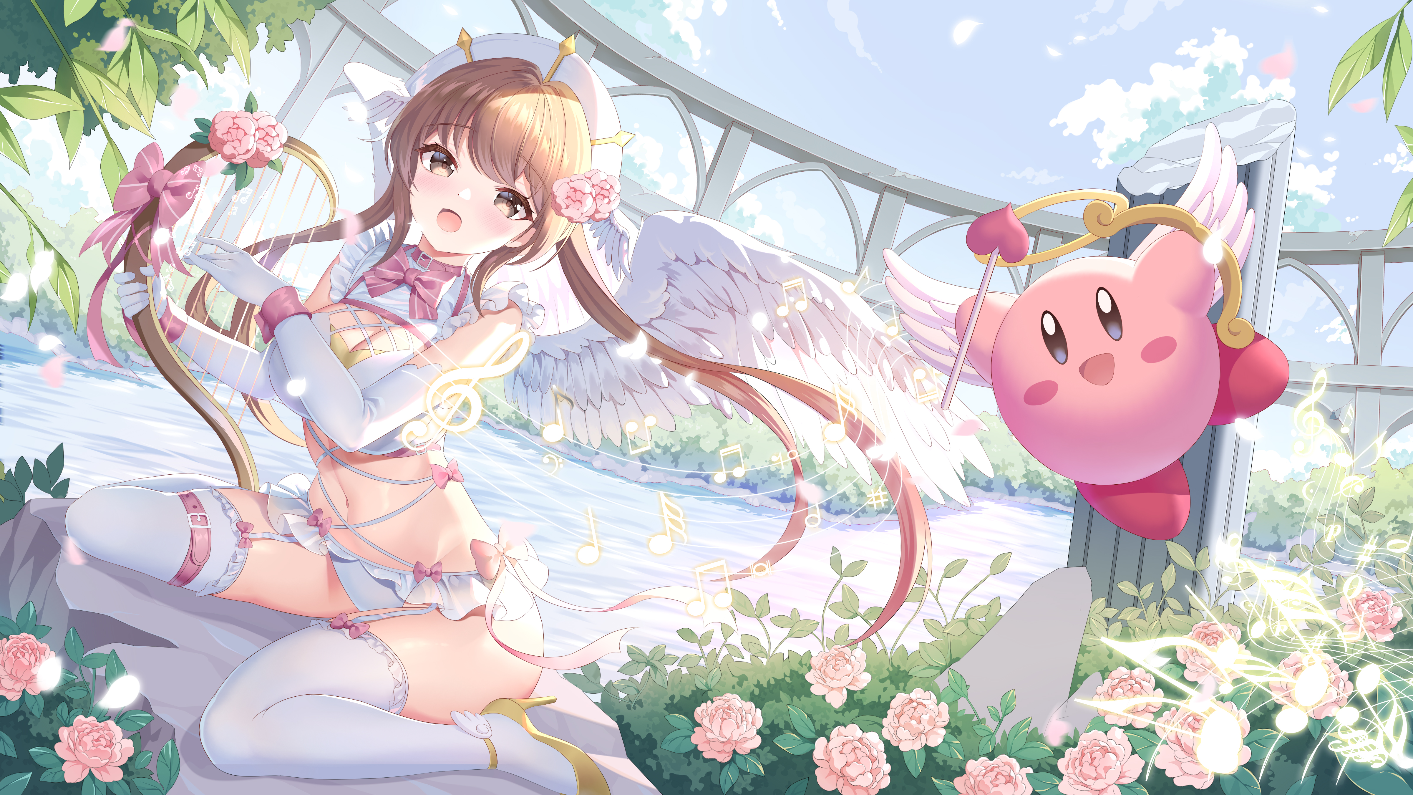 Anime 4800x2700 anime girls original characters Kirby stockings wings flowers musical notes looking at viewer twintails musical instrument sky elbow gloves blushing water leaves plants lingerie flower in hair