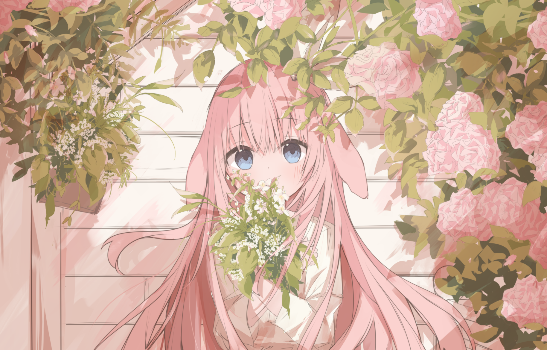 Anime 1829x1169 anime anime girls long hair looking at viewer flowers leaves blushing bouquet pink hair blue eyes