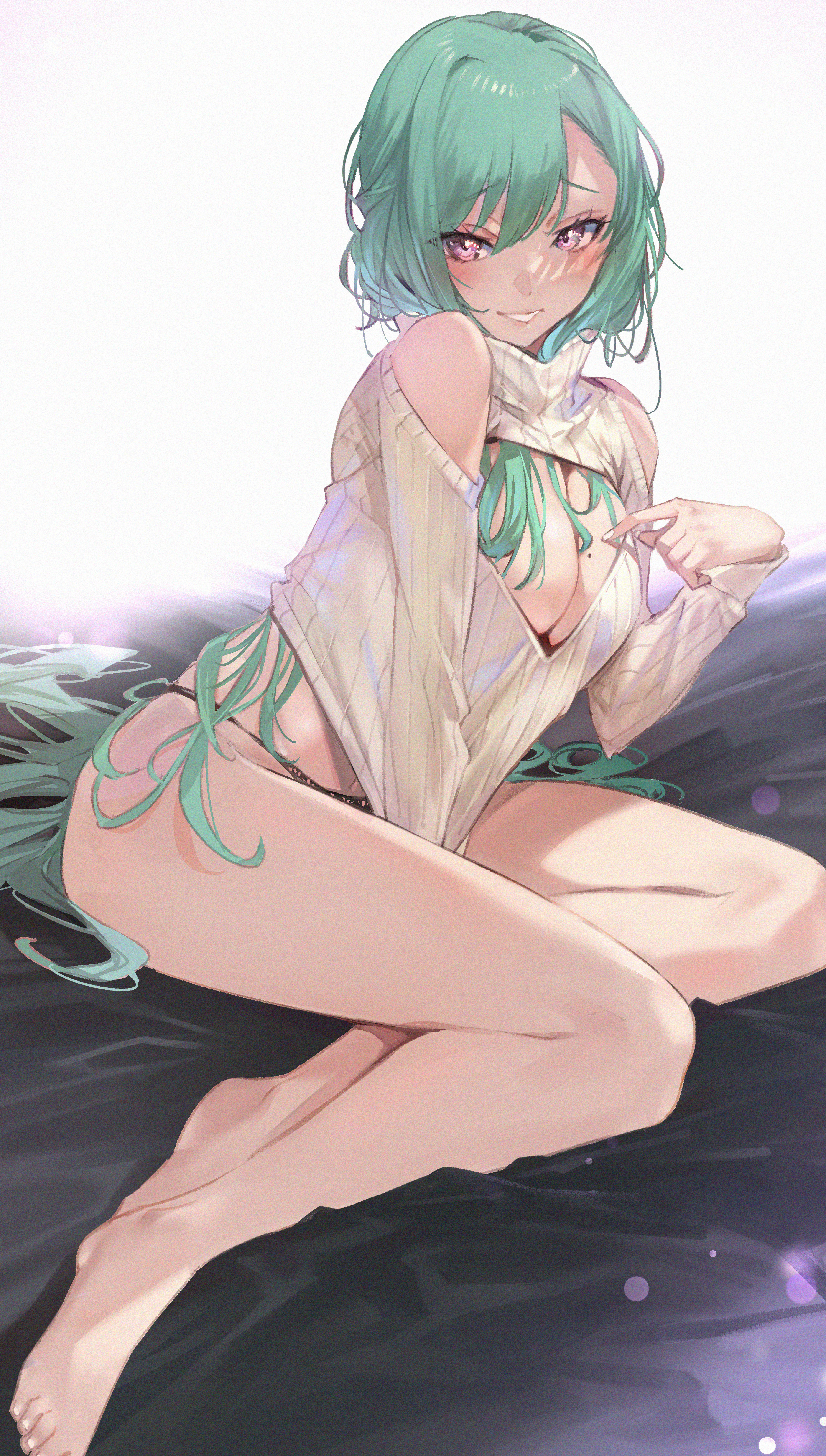 Anime 3628x6398 Virtual eSports Project (VSPO!) Virtual Youtuber anime girls fan art green hair Yakumo Beni portrait display cleavage big boobs moles mole on breast cleavage cutout thighs long hair smiling blushing looking at viewer simple background minimalism