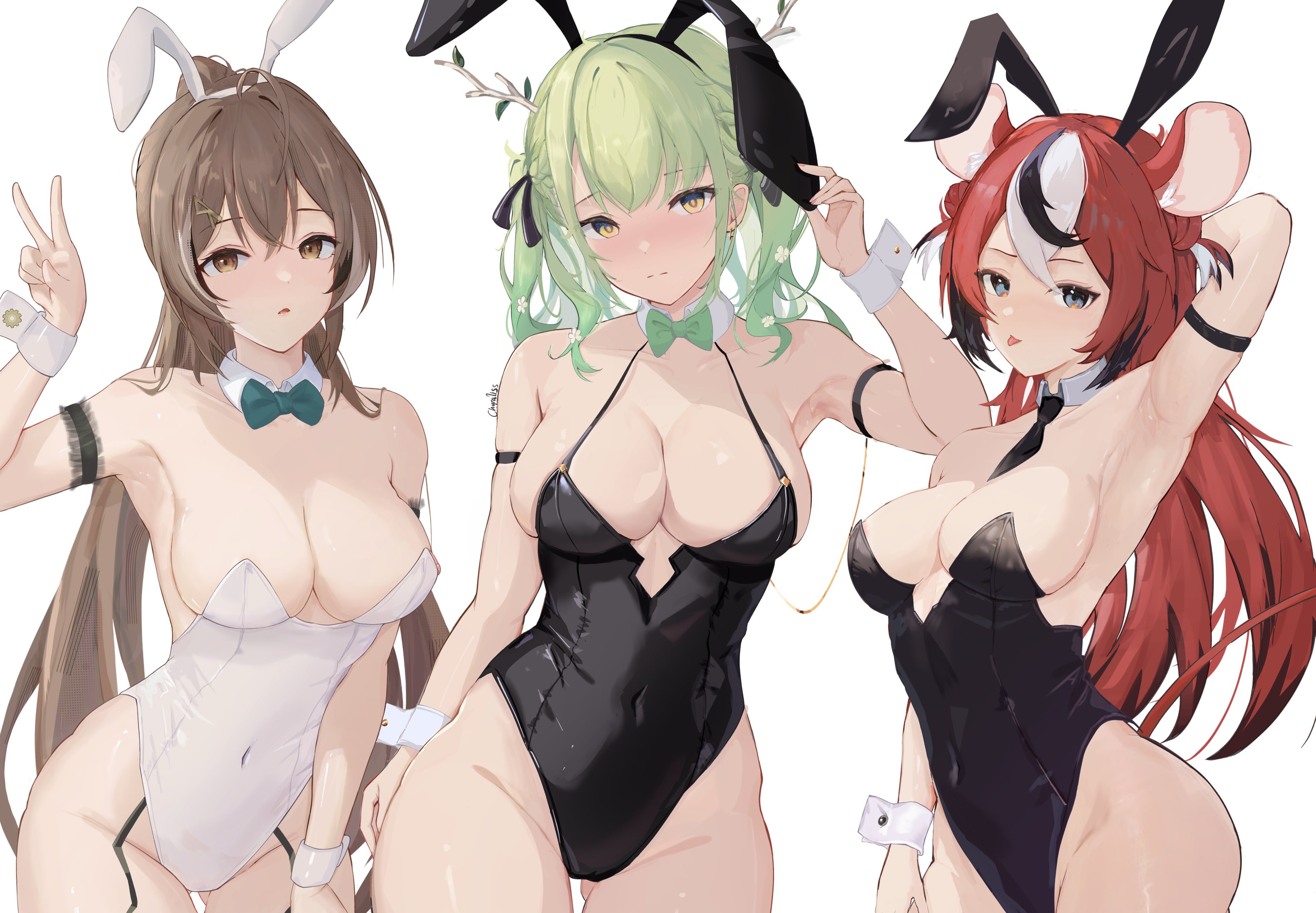Anime 3683x2554 Virtual Youtuber Hololive Hololive English Nanashi Mumei Ceres Fauna Hakos Baelz simple background bunny ears big boobs tongue out leotard line-up group of women women trio blushing bunny suit bunny tail cleavage armpits multi-colored hair bow tie looking at viewer thighs long hair peace sign anime girls