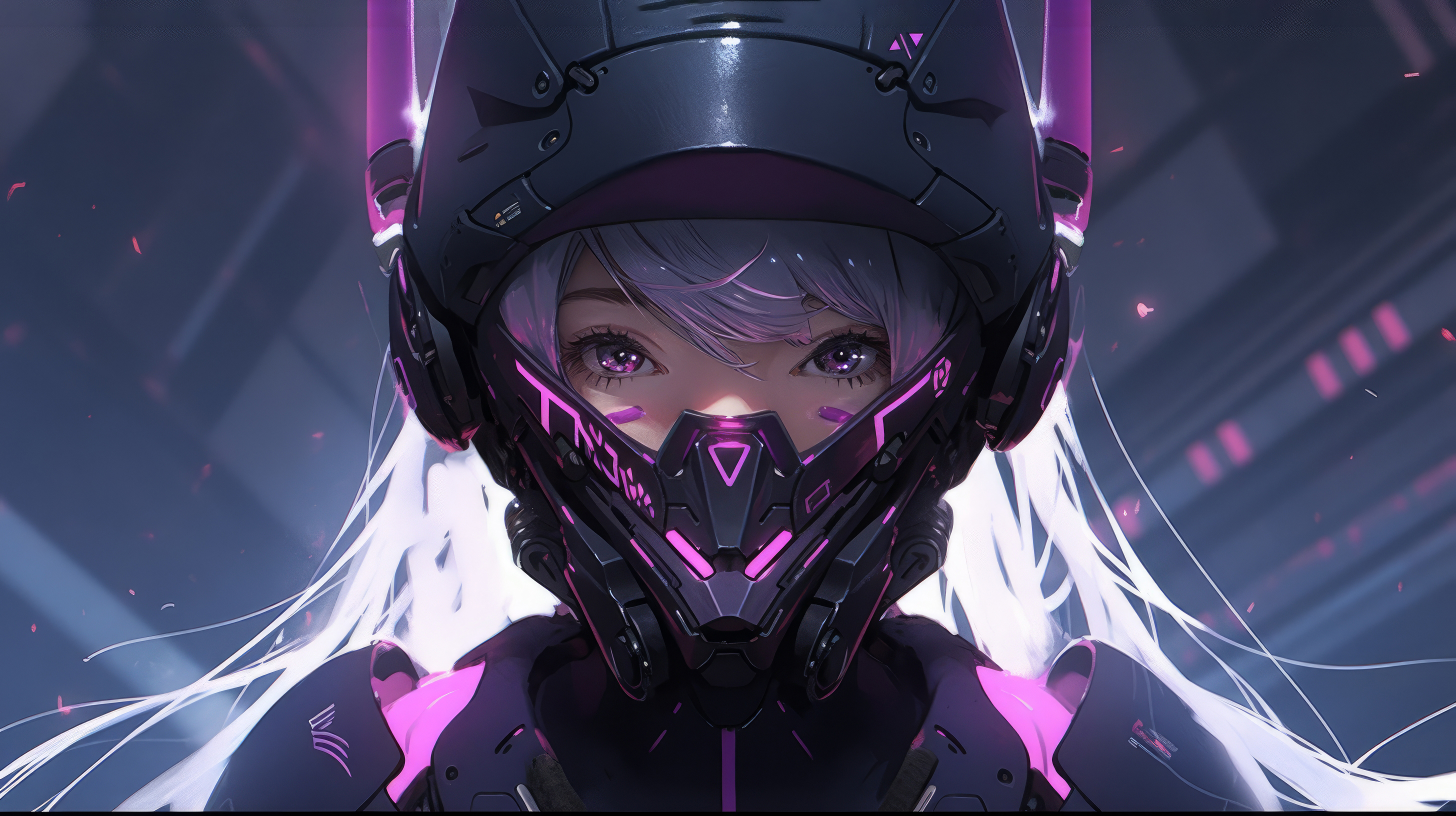 Anime 2912x1632 AI art women cyberpunk purple mask helmet looking at viewer long hair anime girls simple background