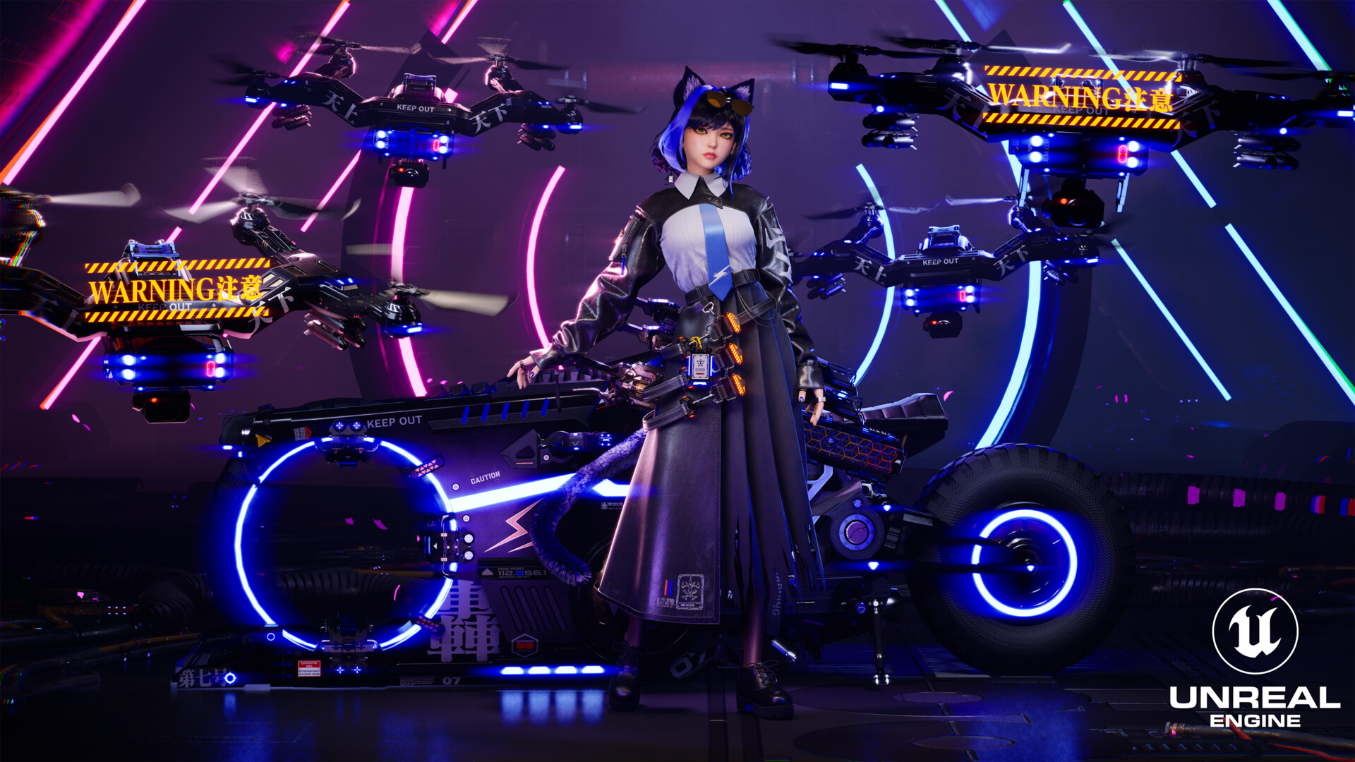 General 1920x1080 Kai Neko CGI women blue hair cyberpunk neon drone purple motorcycle gun short hair looking at viewer