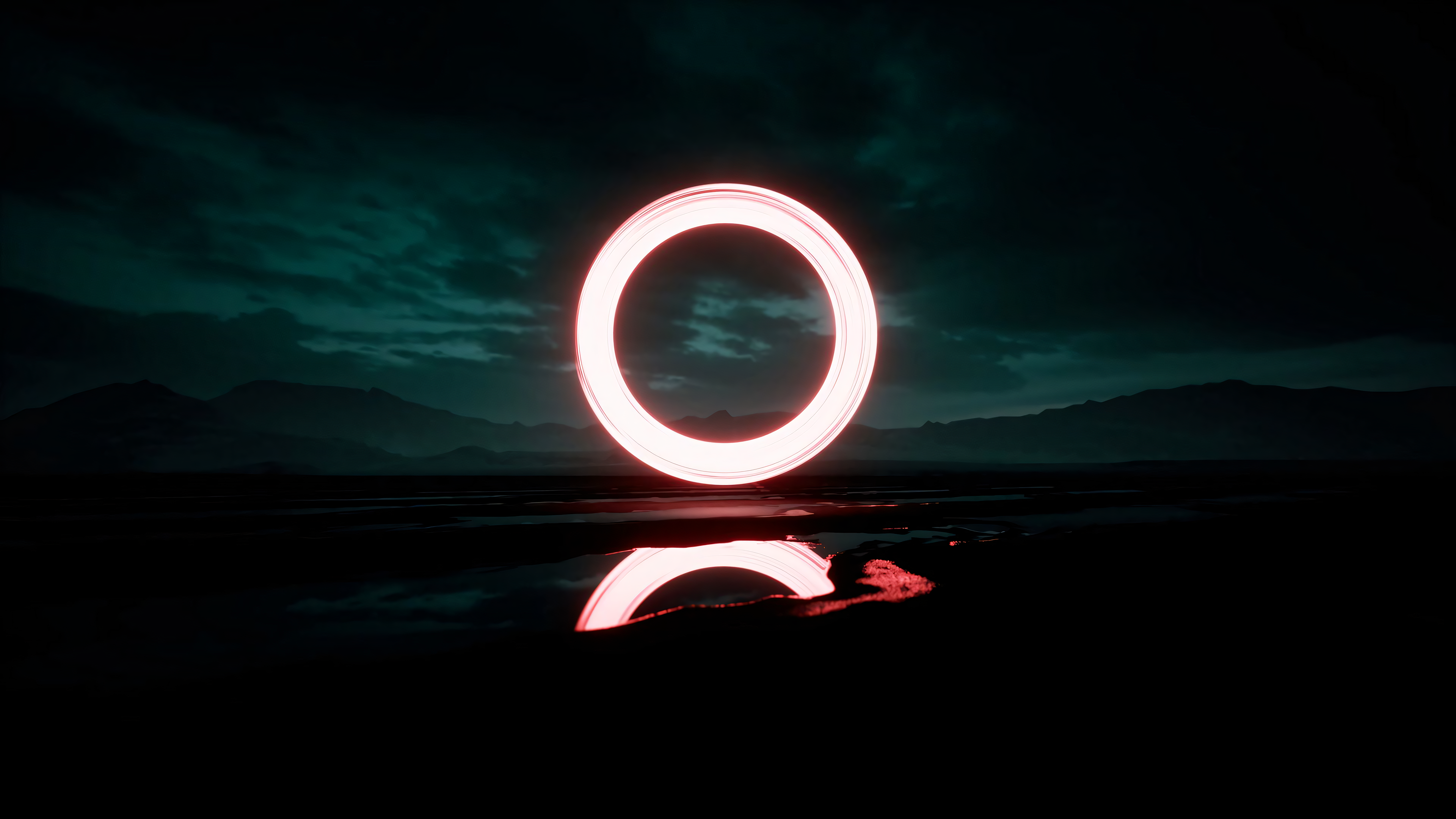 General 3840x2160 red circle neon dark reflection reflective water clouds night nature other world low light digital art