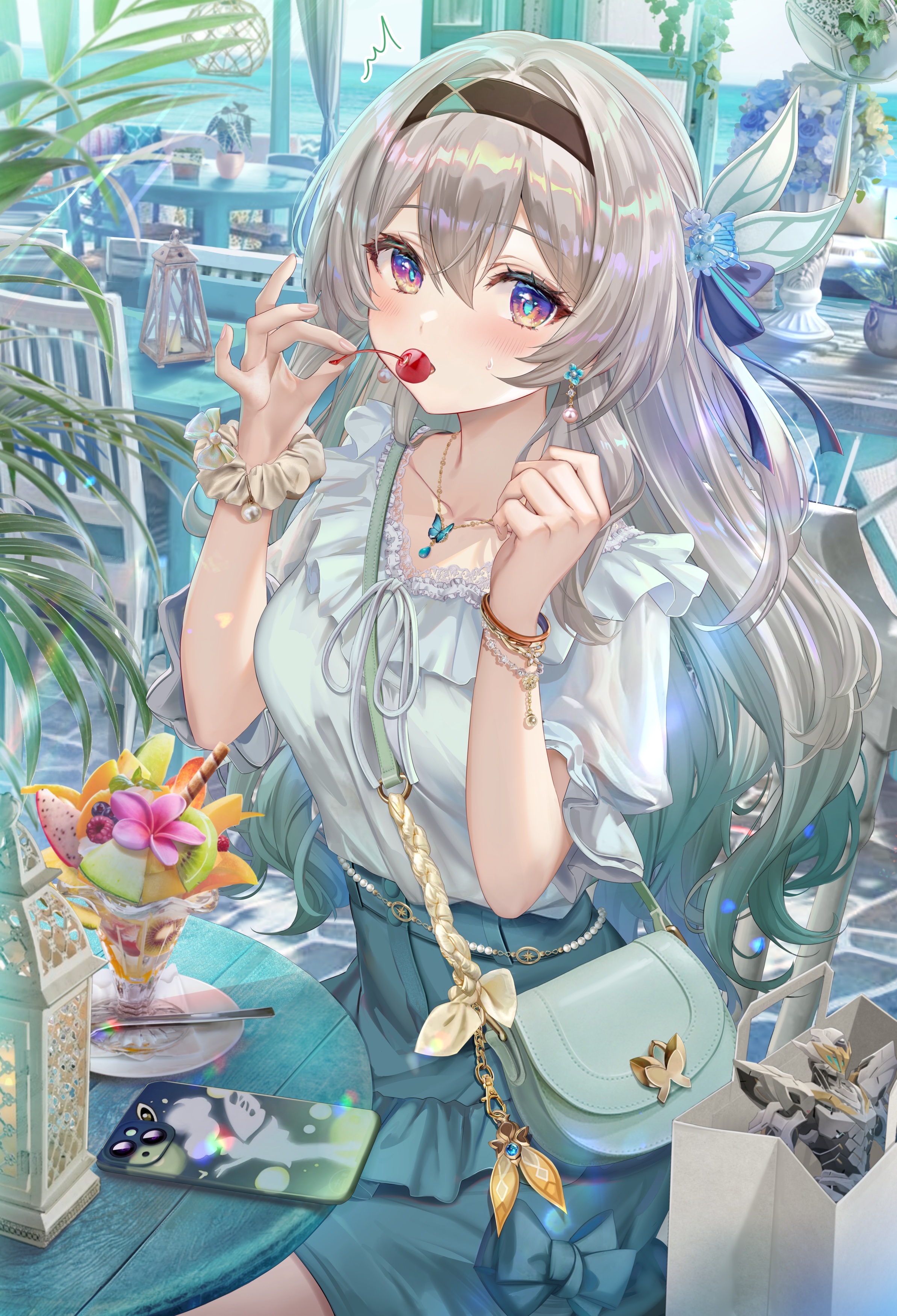 Anime 2387x3500 Honkai: Star Rail long hair portrait display surprised Firefly (Honkai: Star Rail) looking at viewer purse hair between eyes cherries hair ornament cellphone jewelry food table Torino Akua anime girls