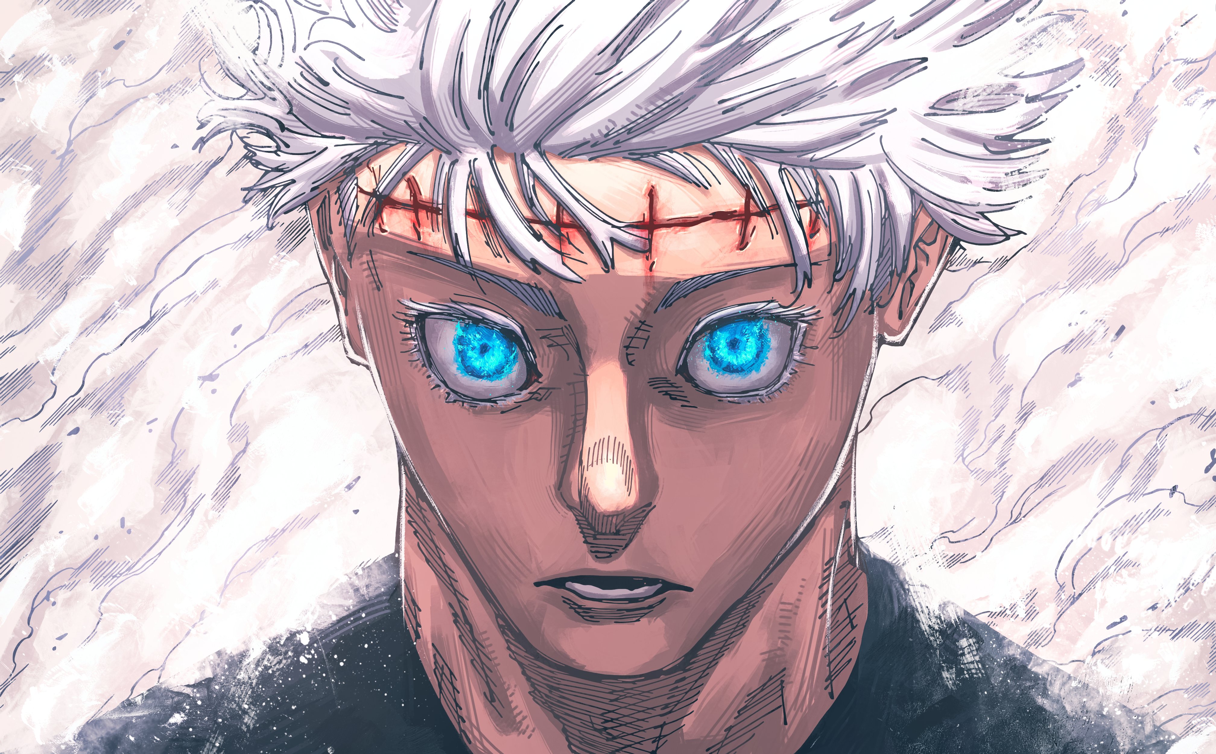 Anime 4032x2500 Jujutsu Kaisen Yuta Okkotsu Satoru Gojo anime boys anime men blue eyes white hair smoke background