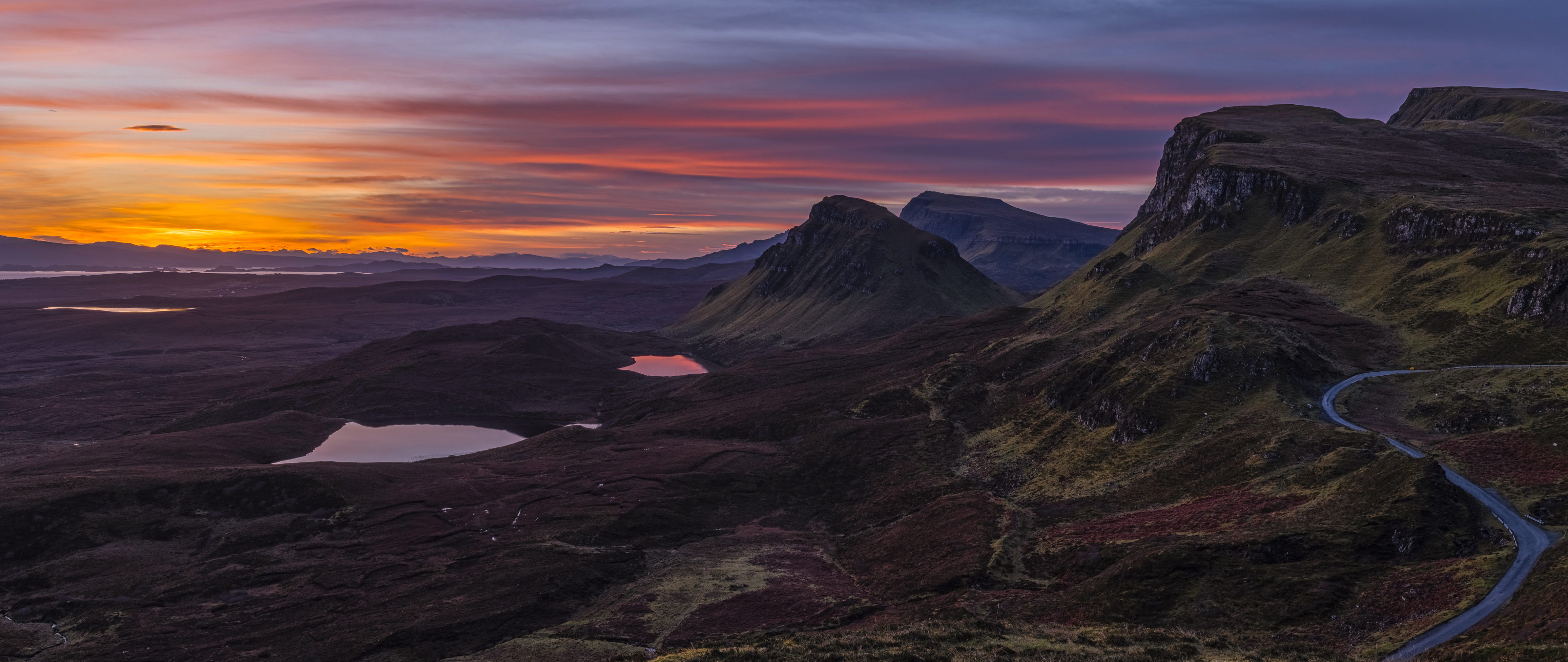 General 4500x1900 nature landscape mountains sunset pond road grass far view sky clouds sunrise mist the quiraing Scotland ultrawide