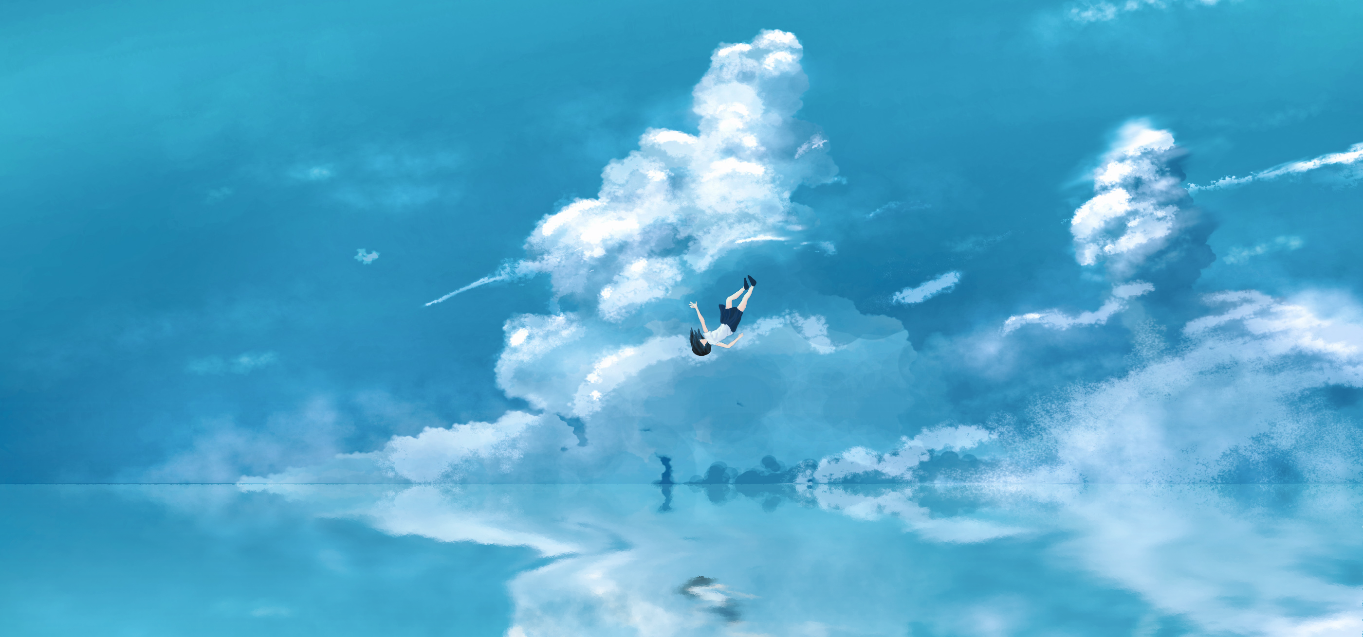 Anime 2800x1310 anime anime girls clouds sea sky falling school uniform digital painting