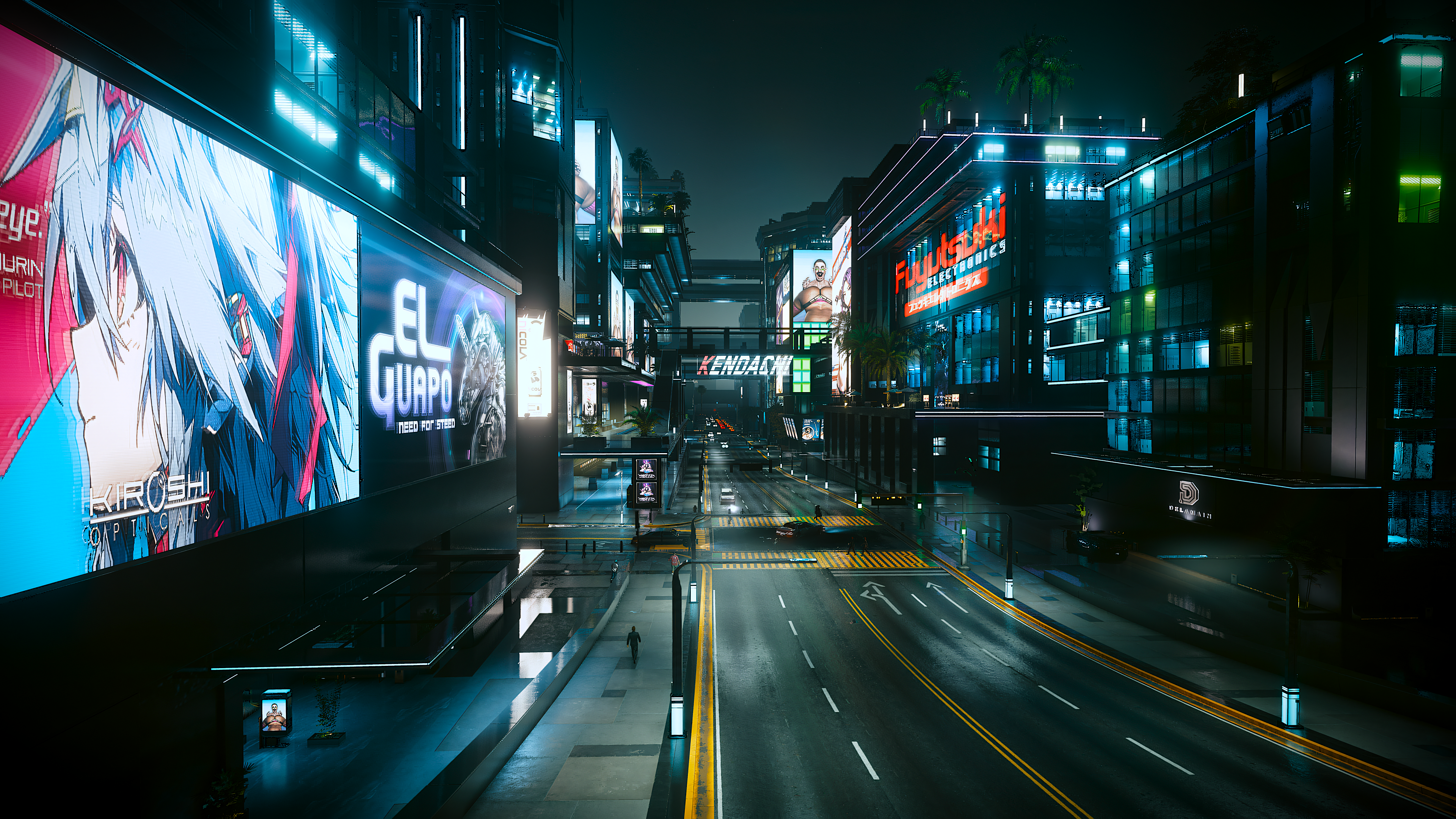 General 3840x2160 cyber cyberpunk advertisements logo road traffic pedestrian Cyberpunk 2077 NPC Cyberpunk 2077 building video game art video games CD Projekt RED