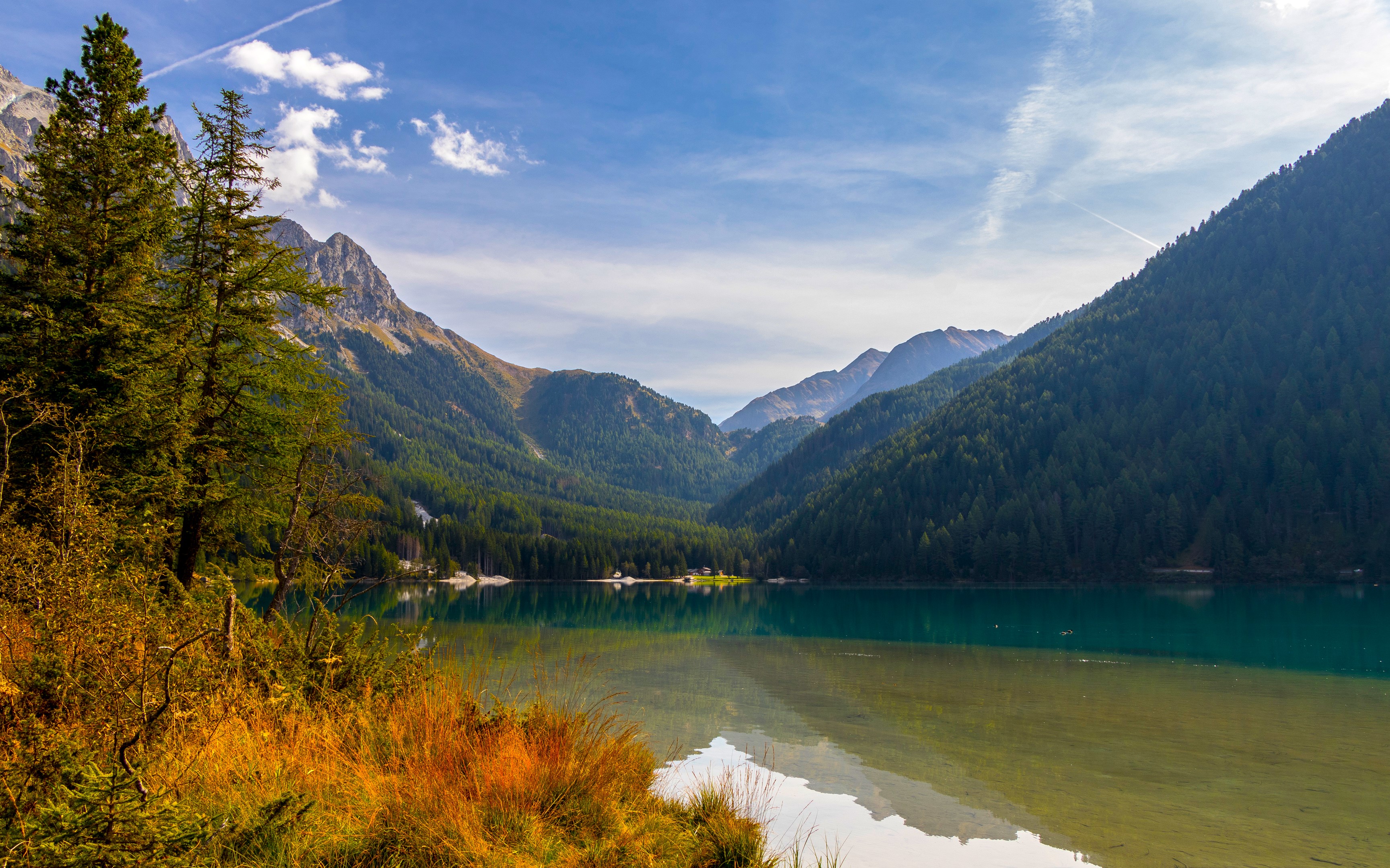 General 3456x2160 nature landscape clouds sky trees plants grass lake mountains forest reflection house Antholzer See South Tyrol Italy