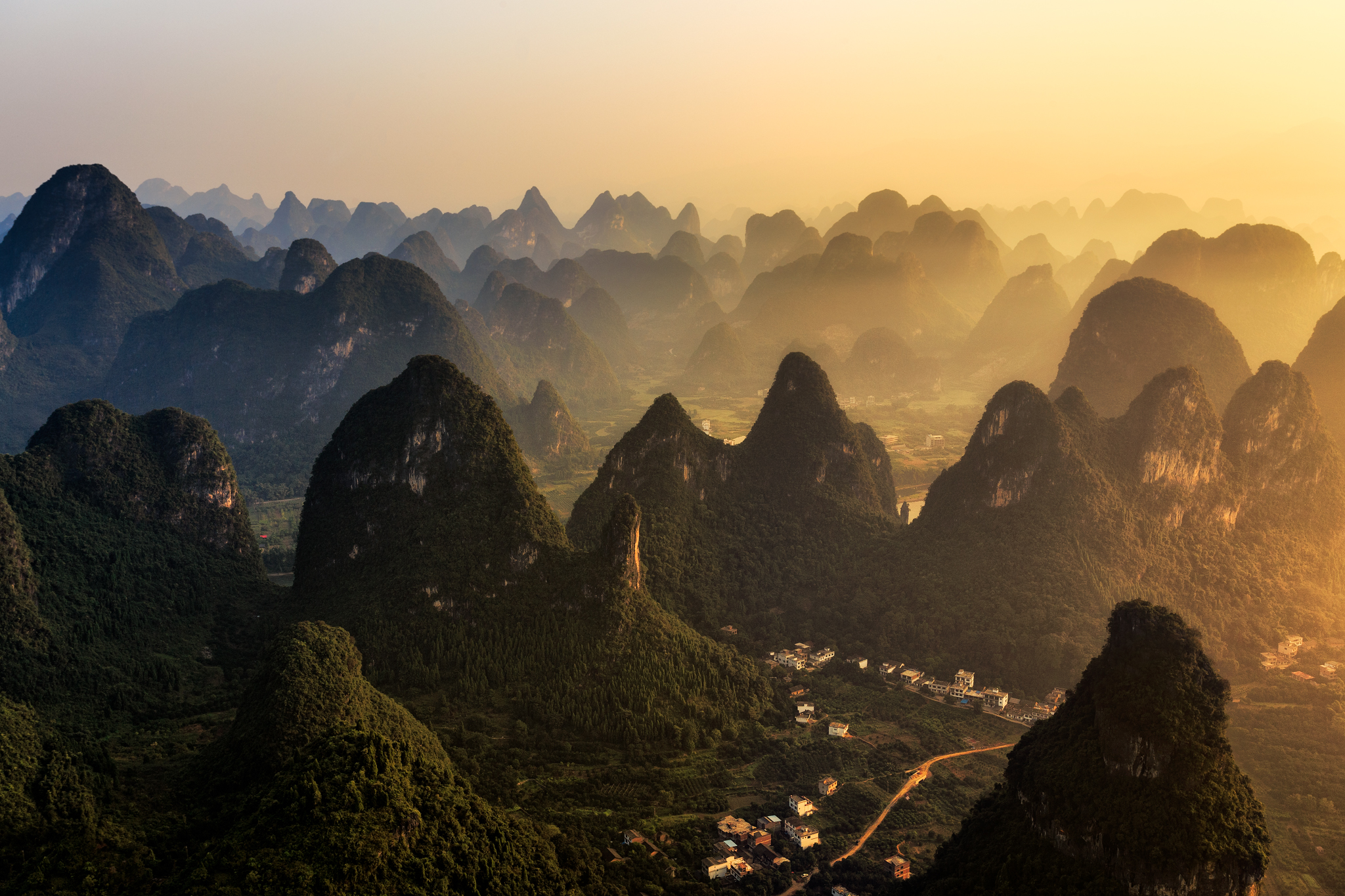 General 2048x1365 nature landscape trees forest mountains house village far view drone photo aerial view sunlight Yangshuo County China