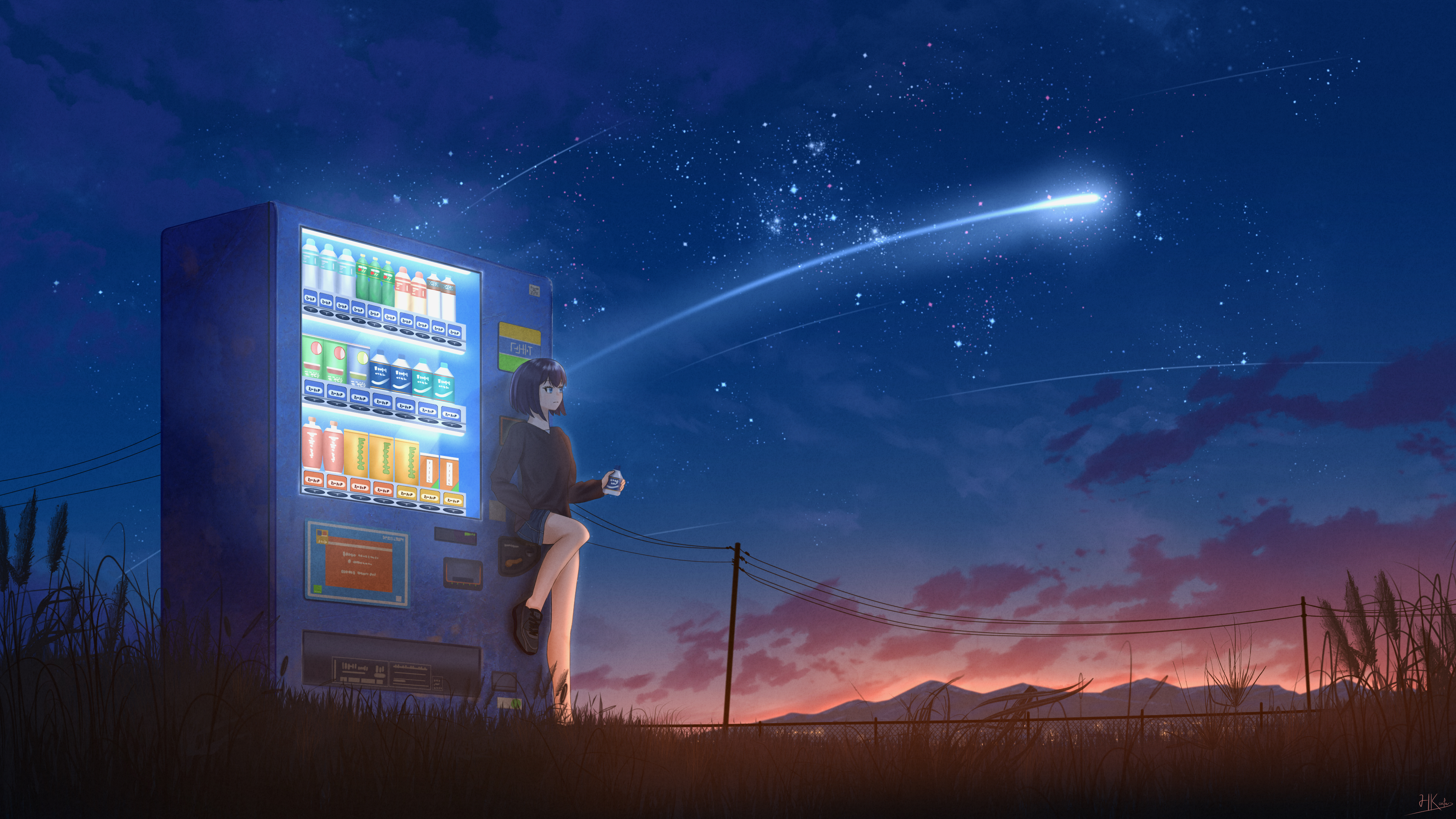 Anime 3840x2160 artwork anime anime girls short hair fantasy art illustration stars sky grass night meteor streak power lines vending machine standing on one leg clouds watermarked HKcutie