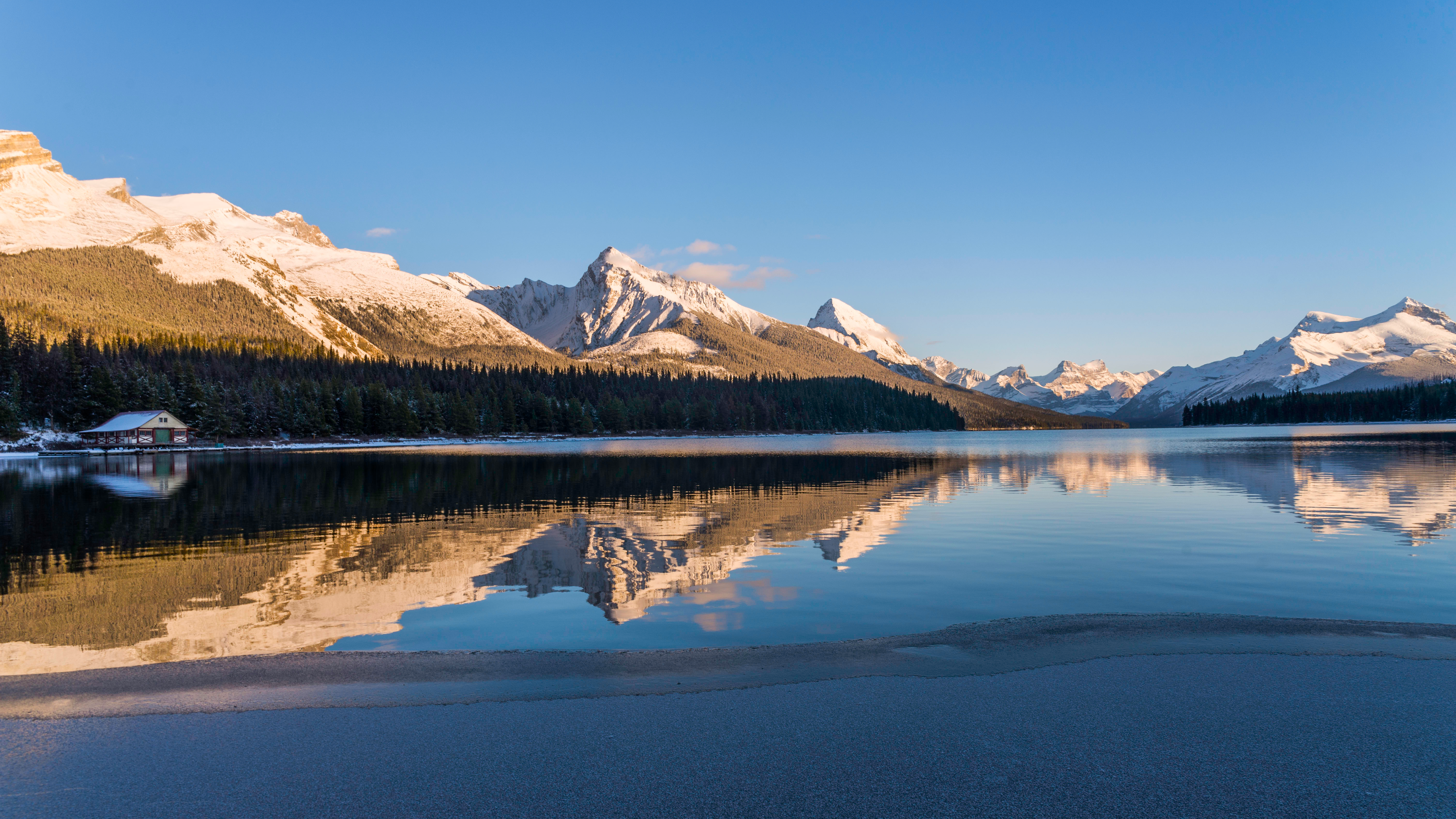 General 3840x2160 nature landscape water sand reflection mountains snow sky trees water ripples Jasper National Park Canada Txema house sunlight
