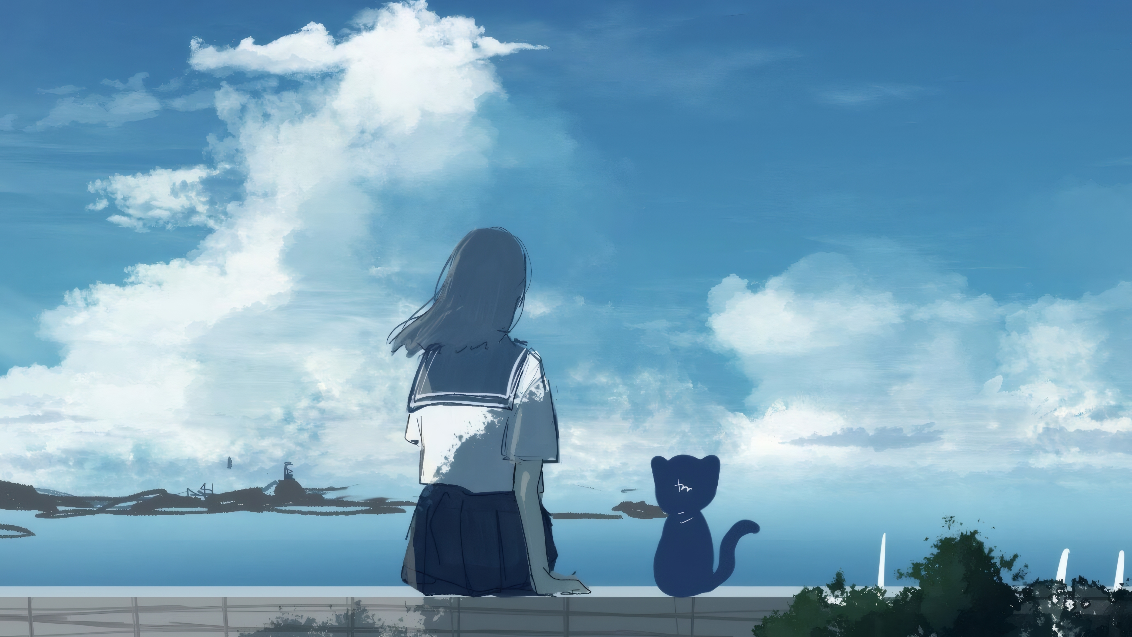 General 3840x2160 Amamori sky clouds cats school uniform sea digital art artwork