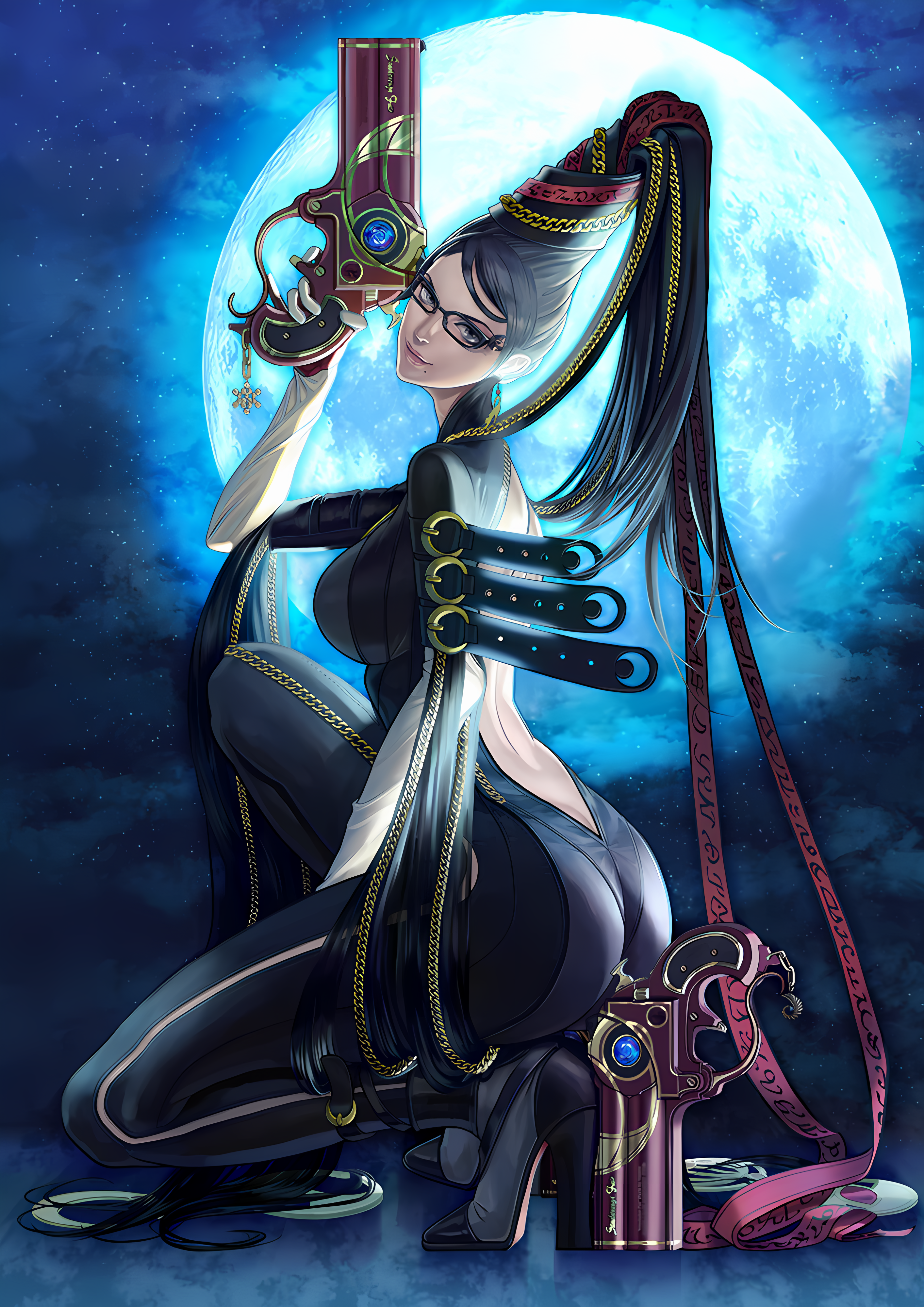 Anime 2828x4000 Bayonetta leather pants  glasses dual guns black hair night sky