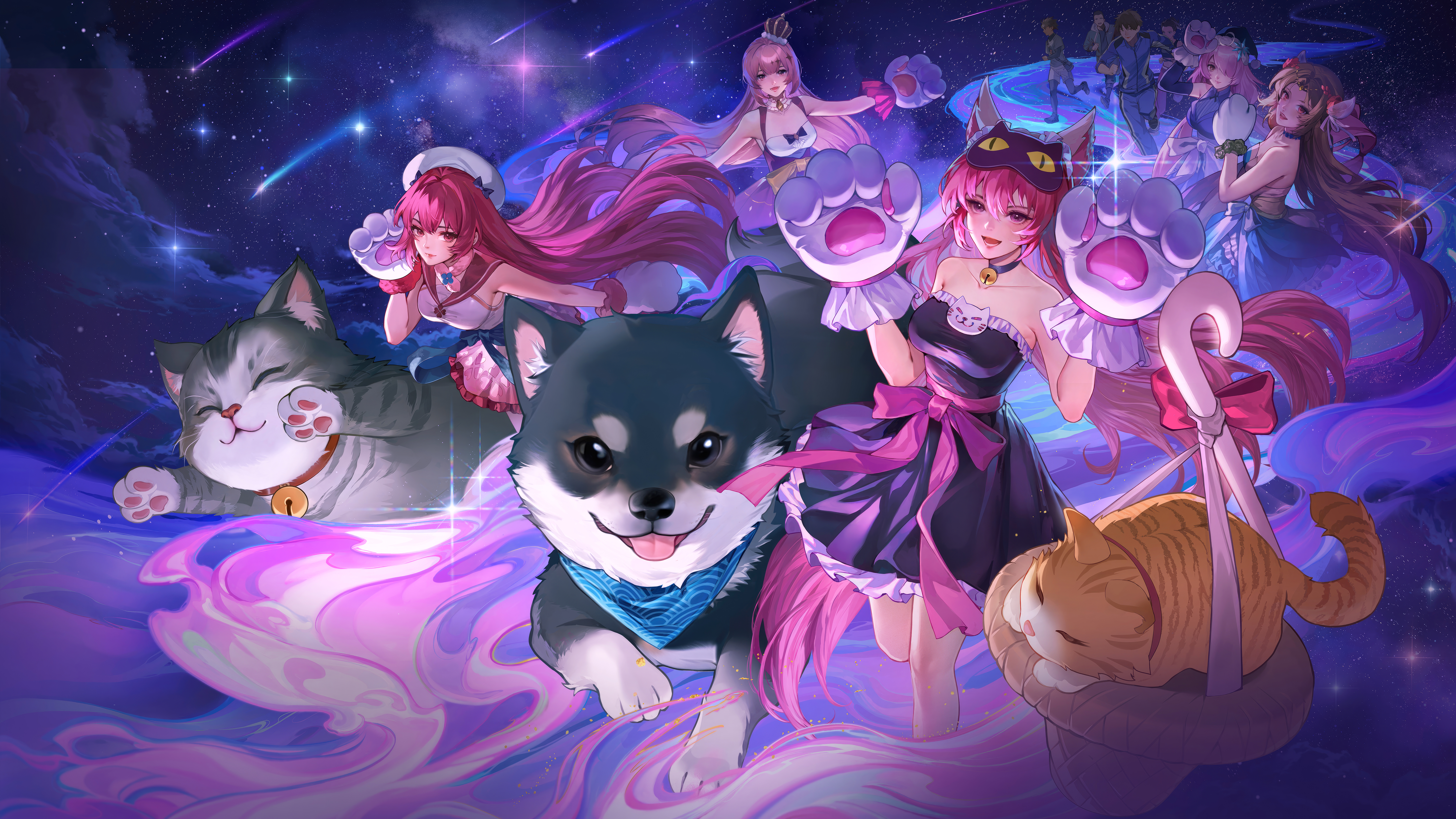 General 7681x4320 Honor of Kings Game CG blue background animals video games video game art video game girls cats dog cat gloves choker stars comet