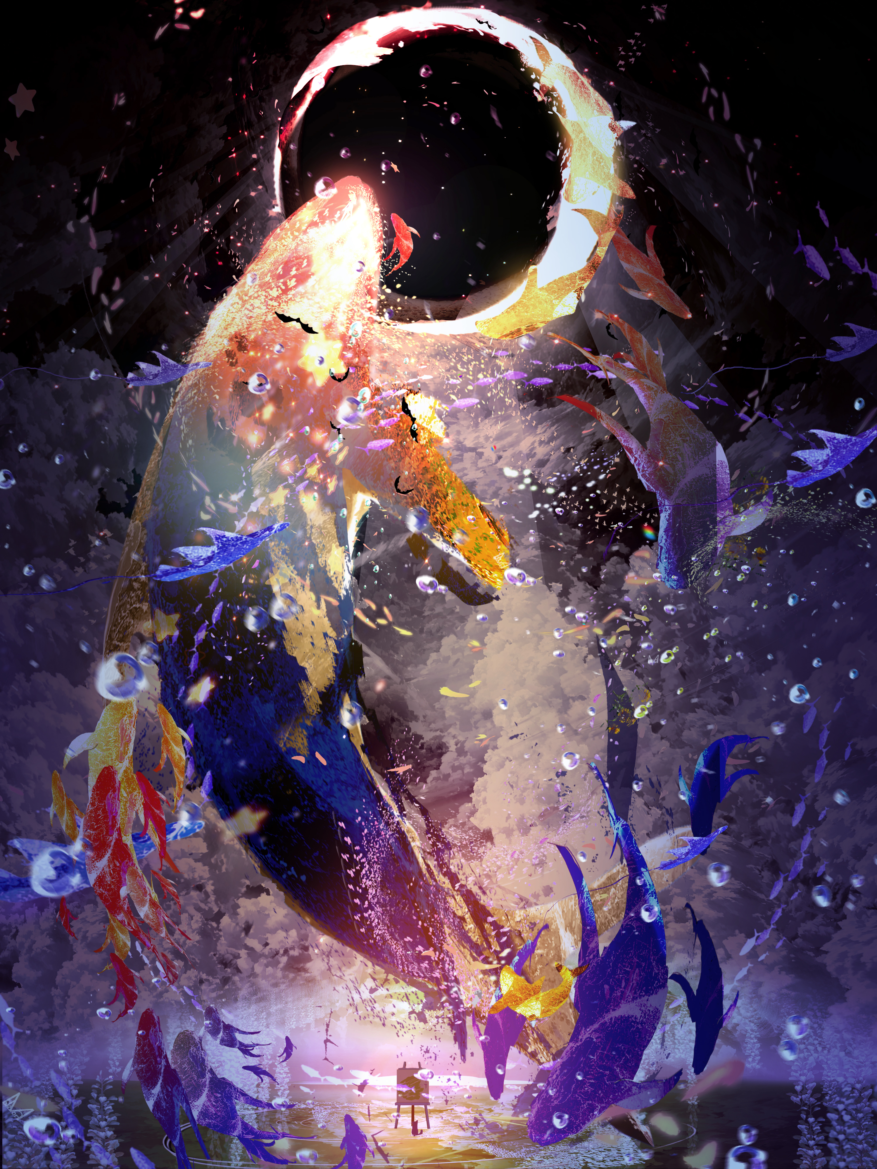 Anime 3000x4000 abstract makoron117 universe Moon portrait display fish water drops
