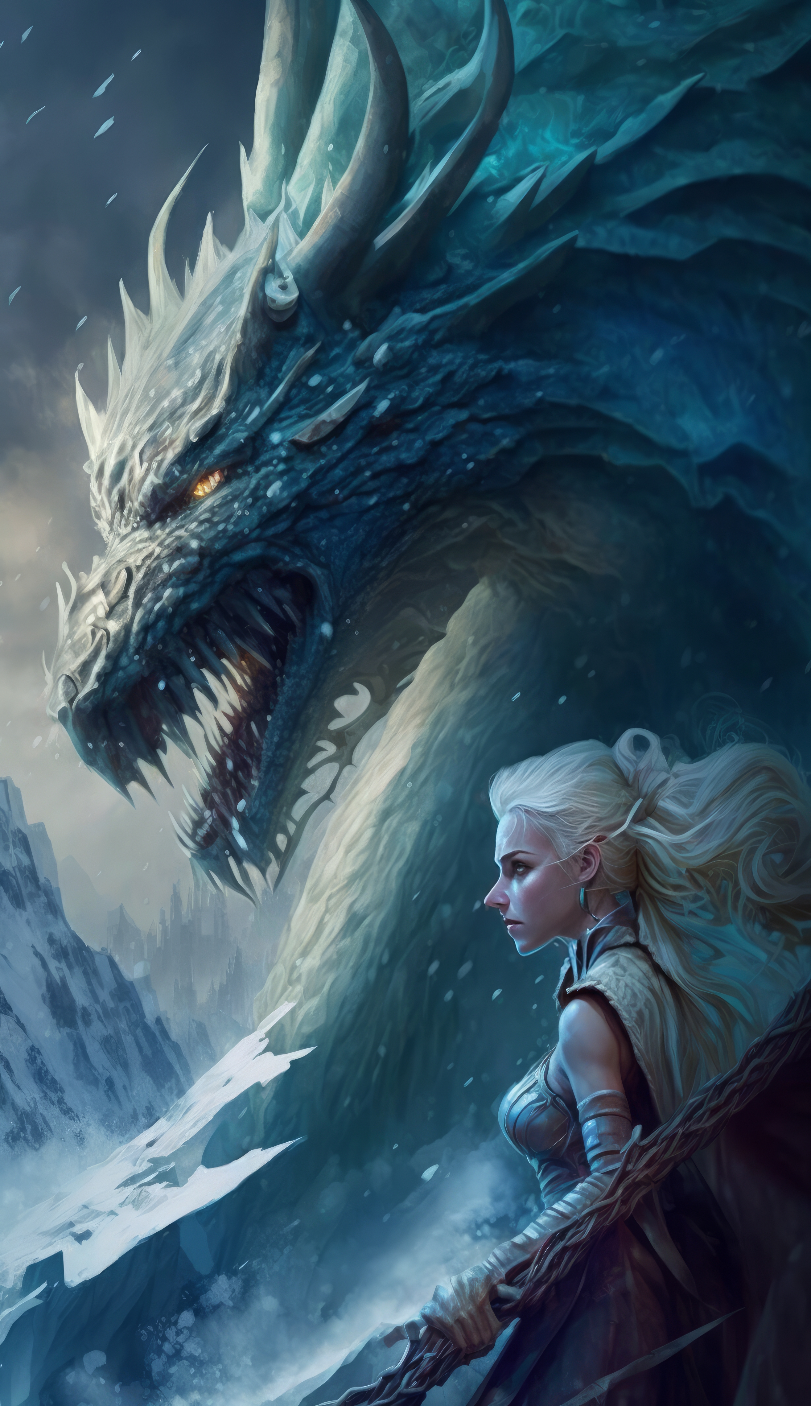 General 2630x4559 AI art portrait display illustration women dragon blonde ice snow winter creature