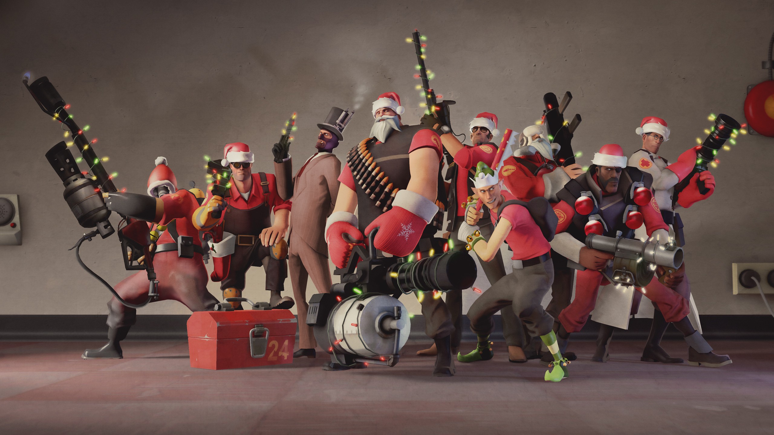 General 2560x1440 Team Fortress 2 Christmas Valve Corporation video games Scout (TF2) Soldier (TF2) Pyro (TF2) Demoman Heavy (TF2) Engineer (TF2) Medic (TF2) Sniper (TF2) Spy (TF2) CGI Christmas clothes Santa hats video game characters