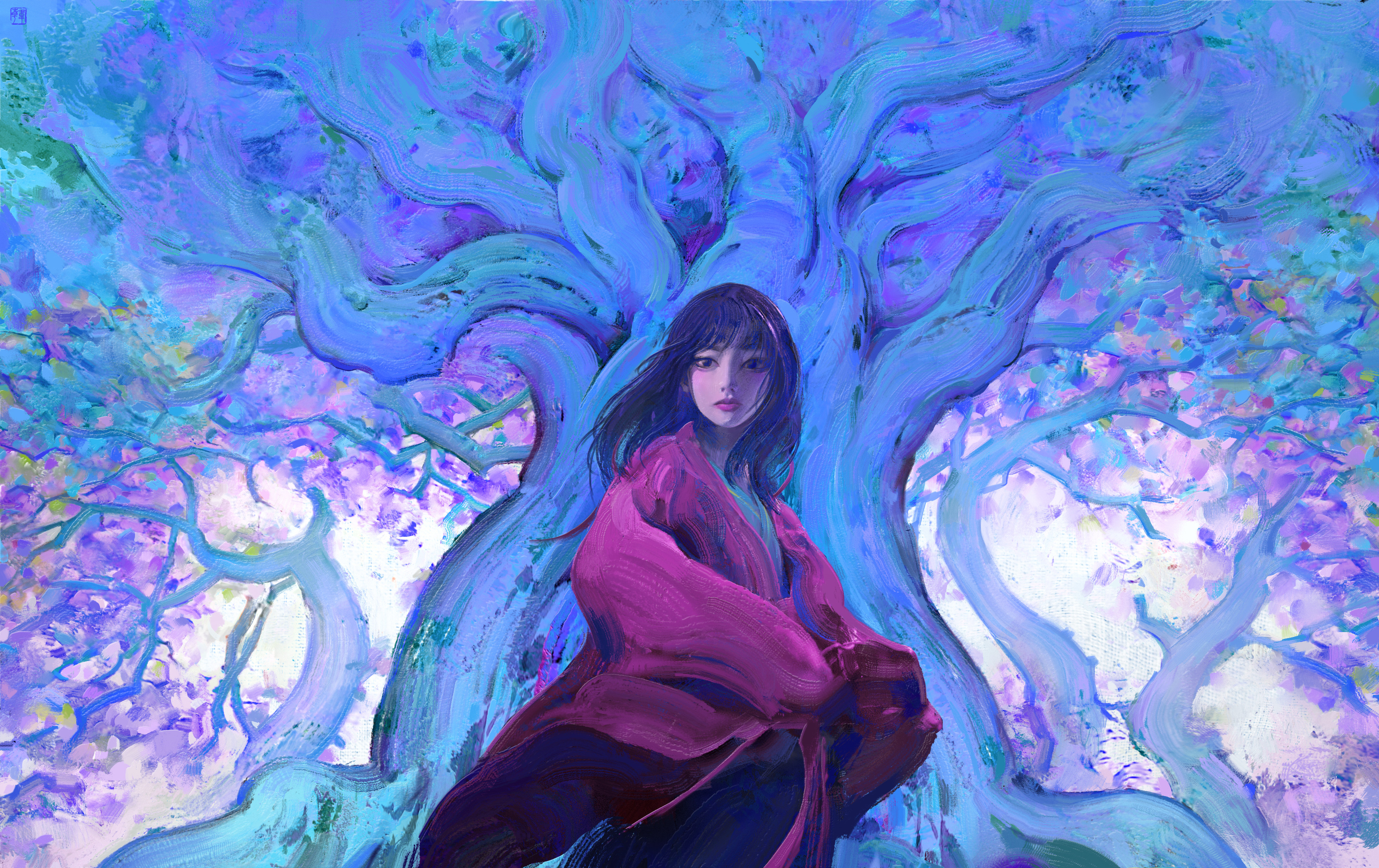 General 3840x2418 digital art artwork illustration painting blue women forest trees dark hair