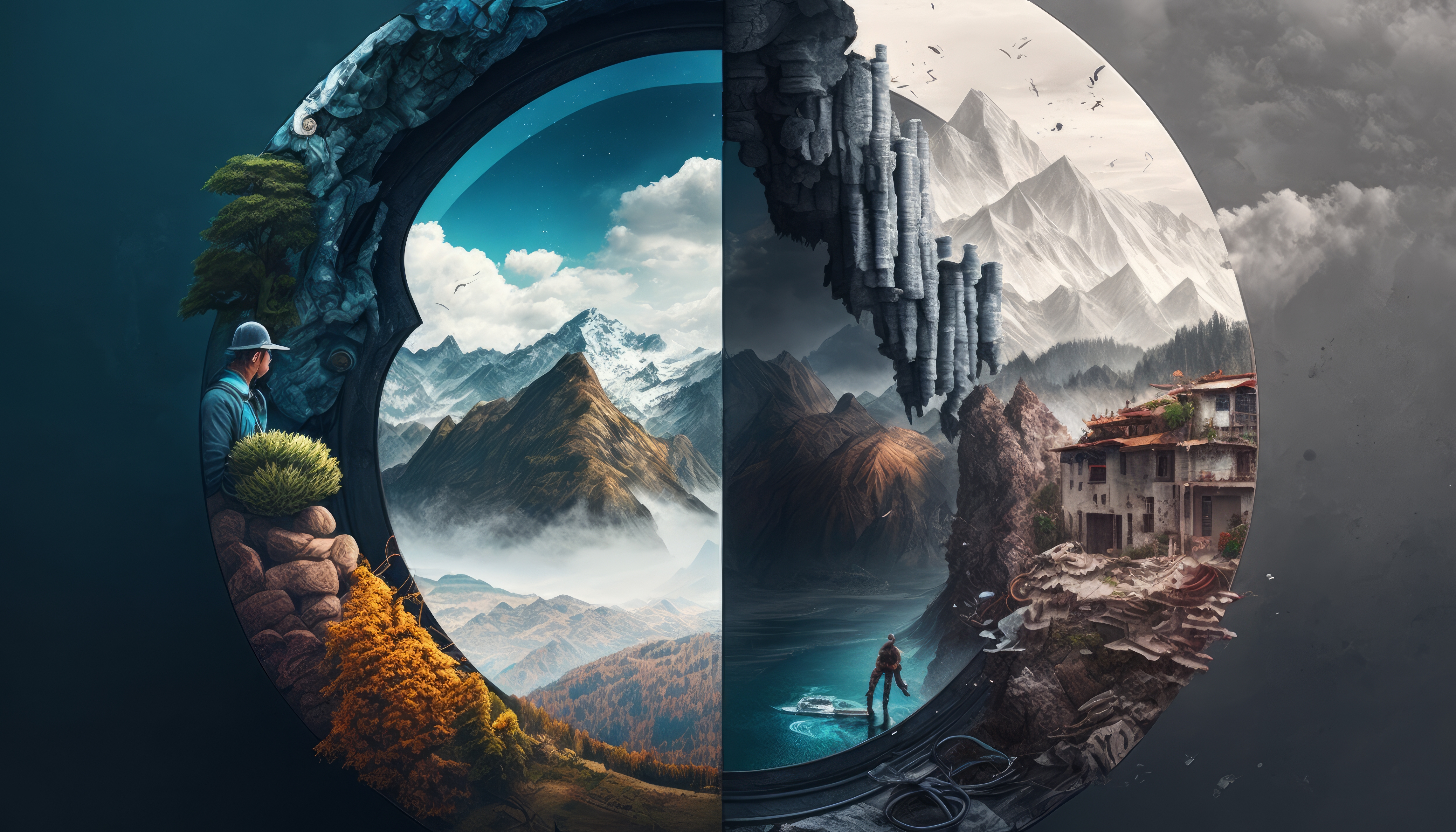 General 4579x2616 illustration circle Composite mountains nature water clouds AI art