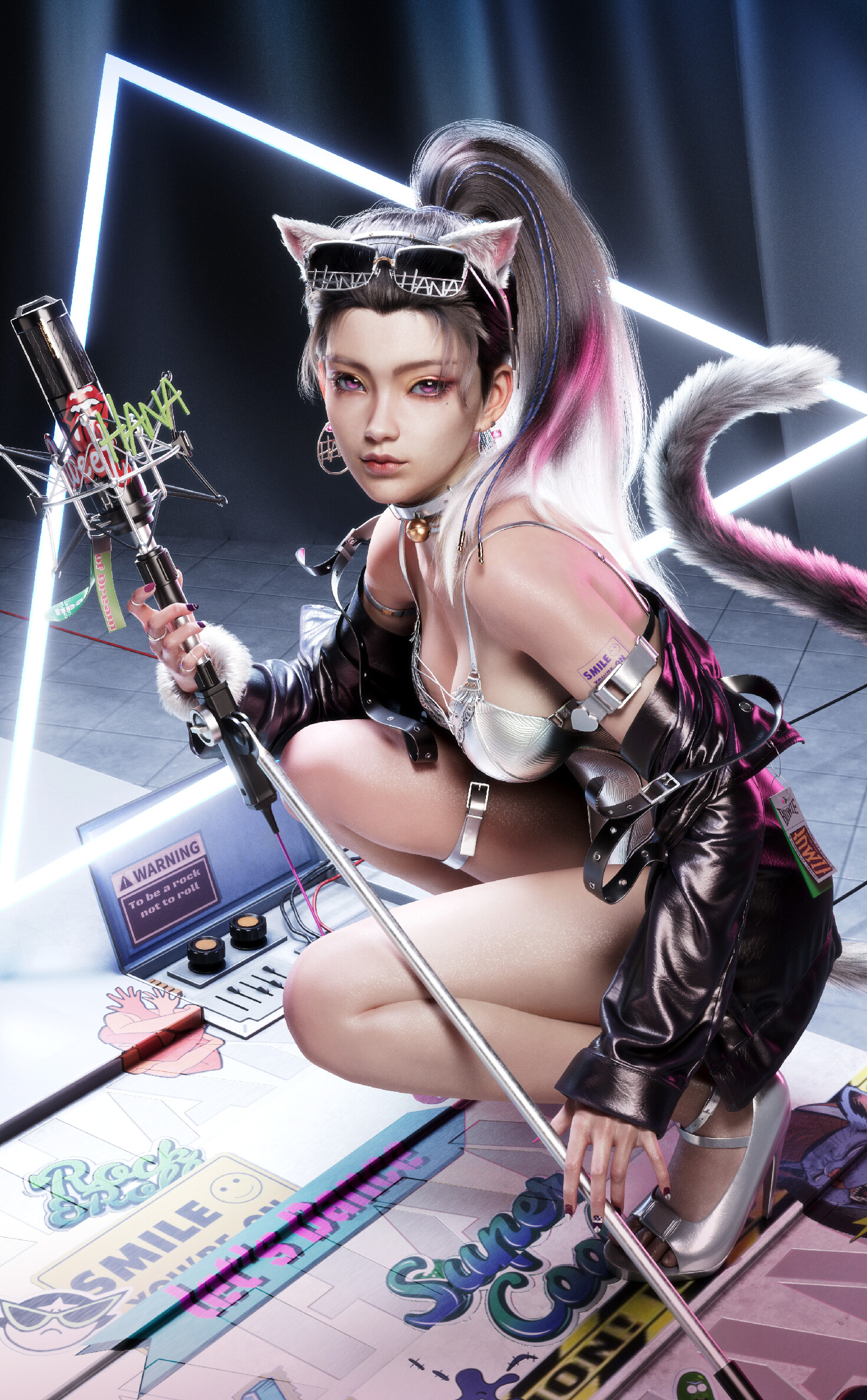 General 1470x2375 Gray (artist) CGI women cat ears cat girl sunglasses open jacket silver pink eyes tail neon portrait display ponytail microphone squatting looking at viewer