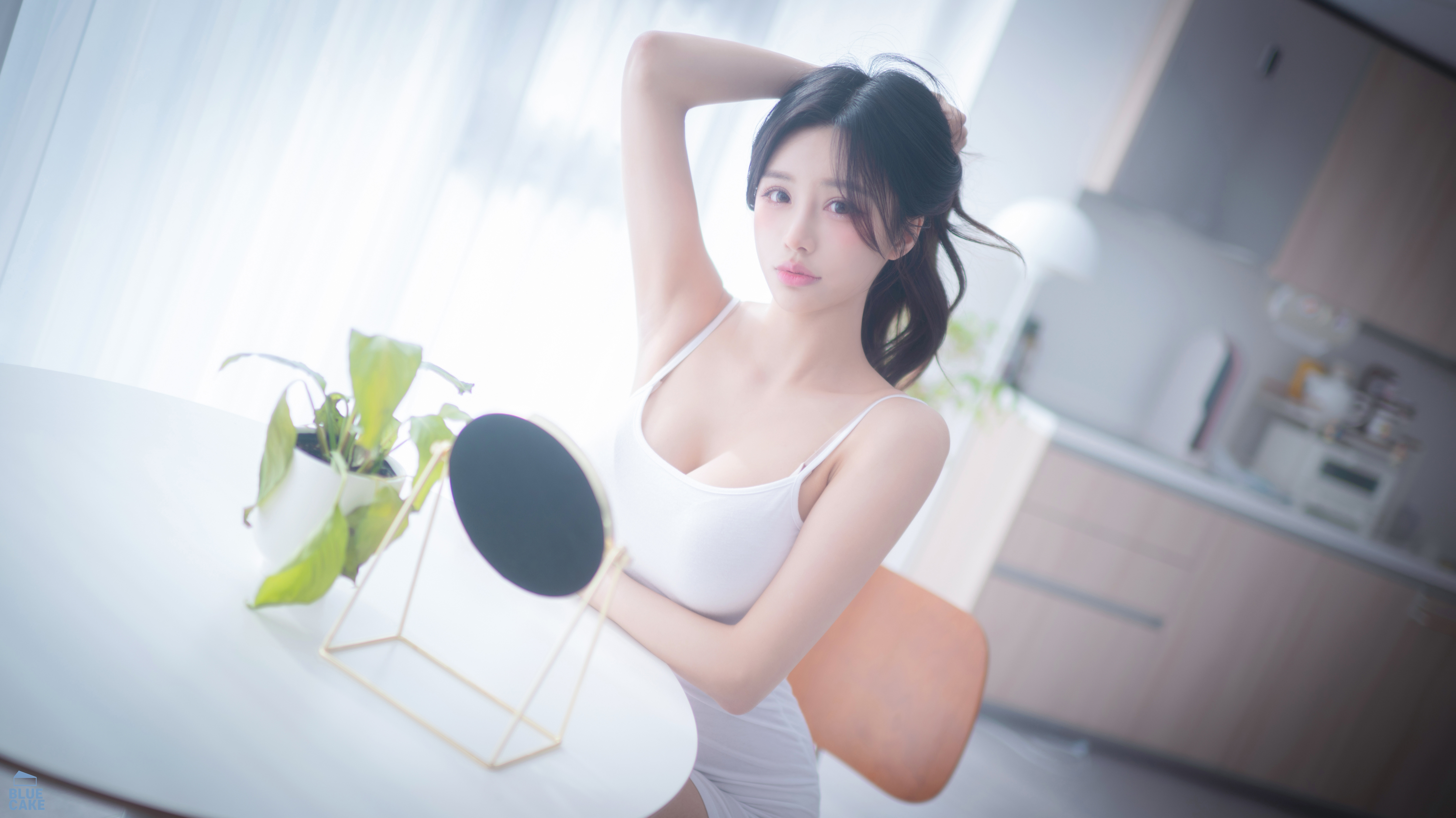 People 5760x3237 Yeon Yu BlueCake women model Asian Korean women women indoors dress white dress cleavage