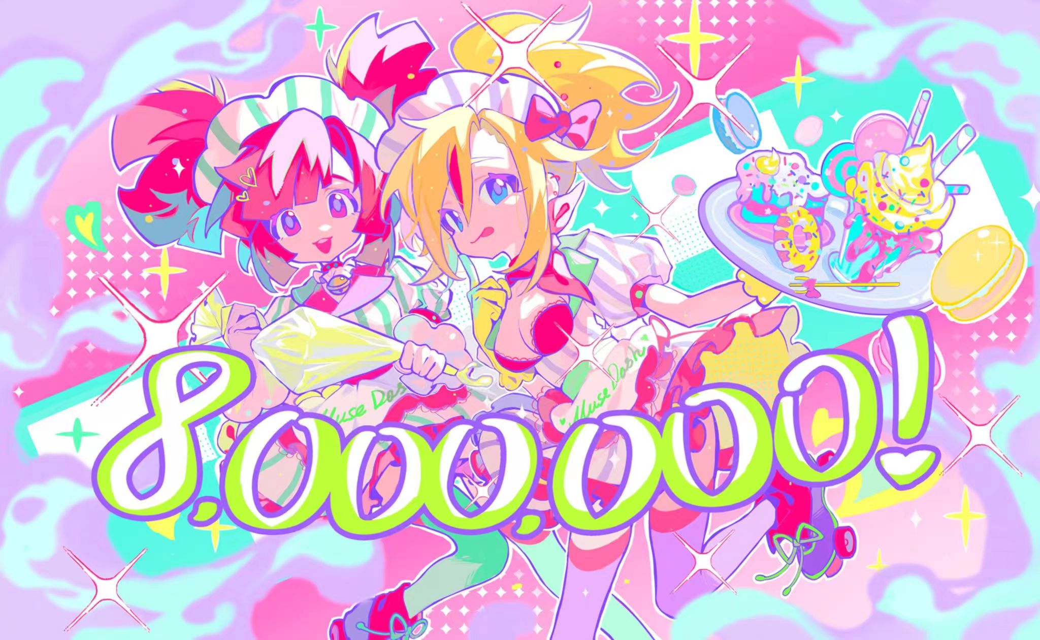 Anime 2048x1260 MuseDash buro marija anime girls colorful maid maid outfit sweets tongue out bow tie Macaron  donut lollipop stars heart